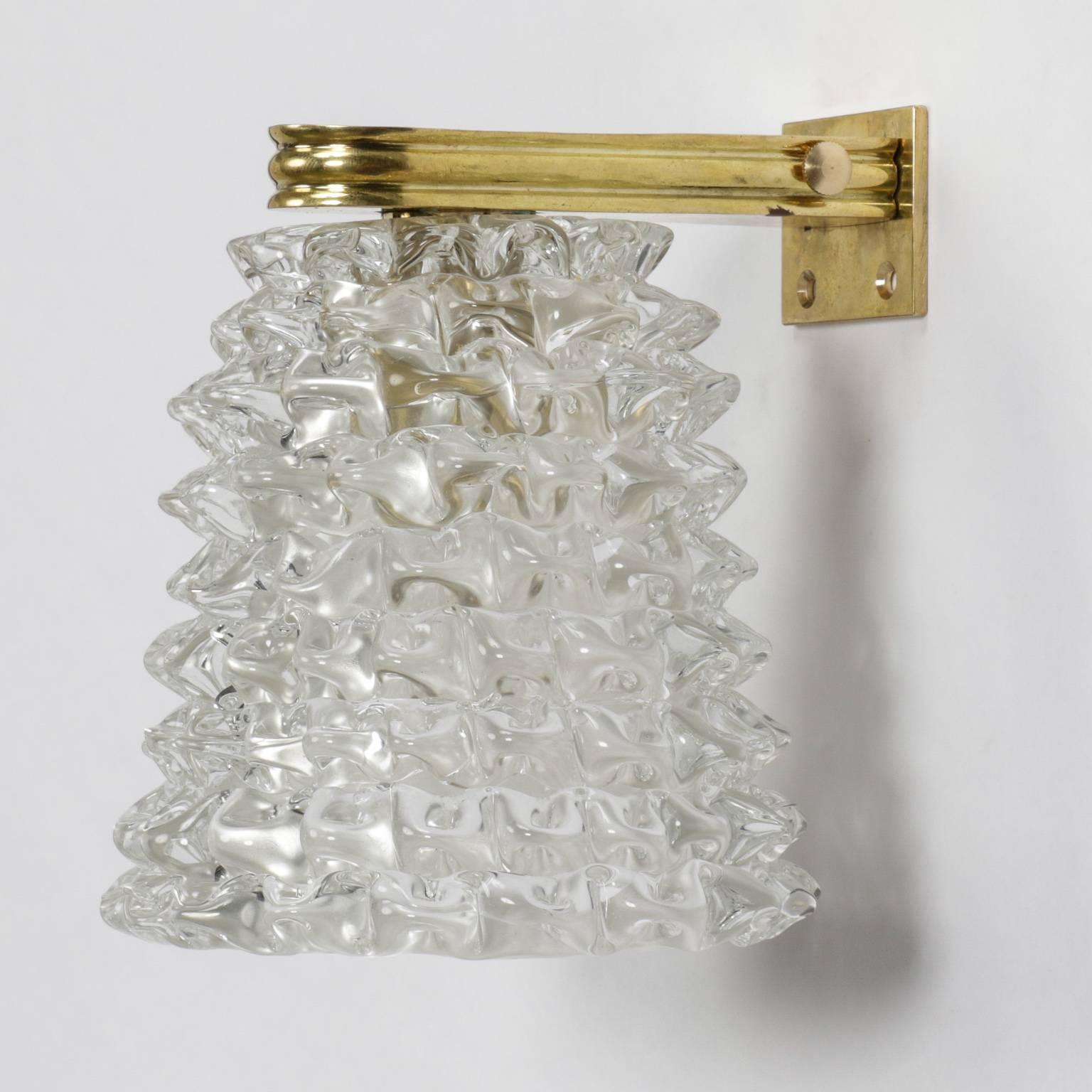 Mid-Century Modern Pair of Mid-Century Murano Bubble Glass and Brass Sconces