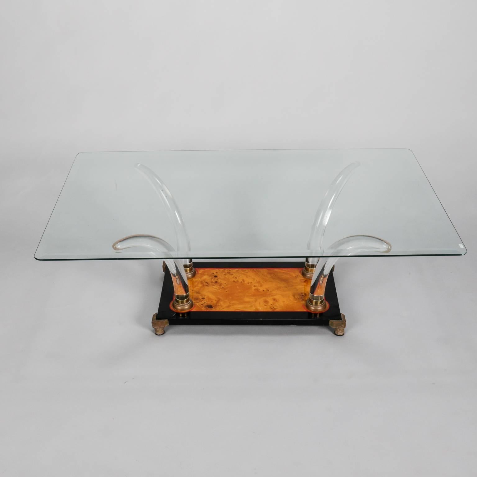 Mid-Century Lucite, Burl Wood, Brass and Glass Cocktail Table In Good Condition In Troy, MI