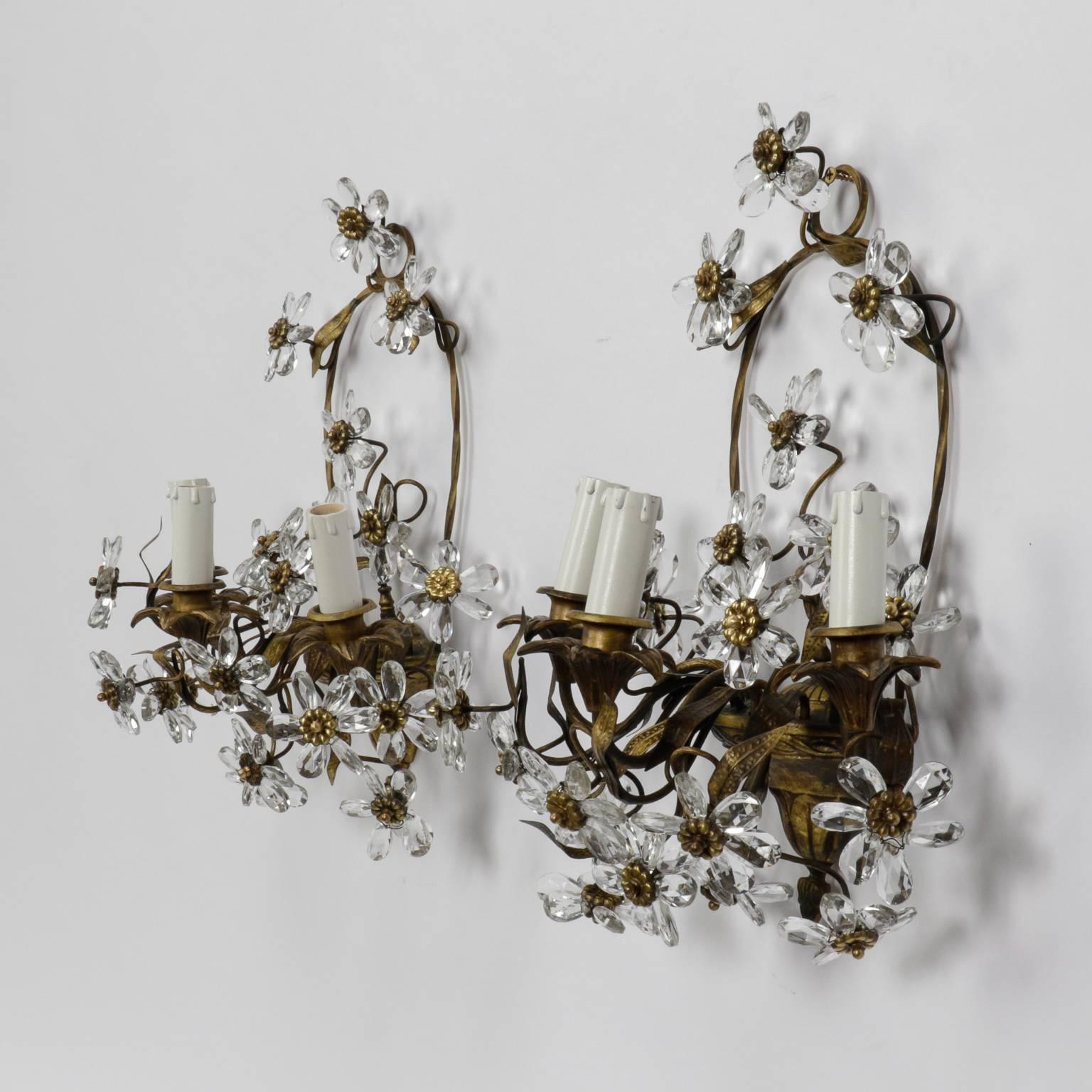 Brass Pair of French Bronze Basket Form Sconces with Crystal Flowers