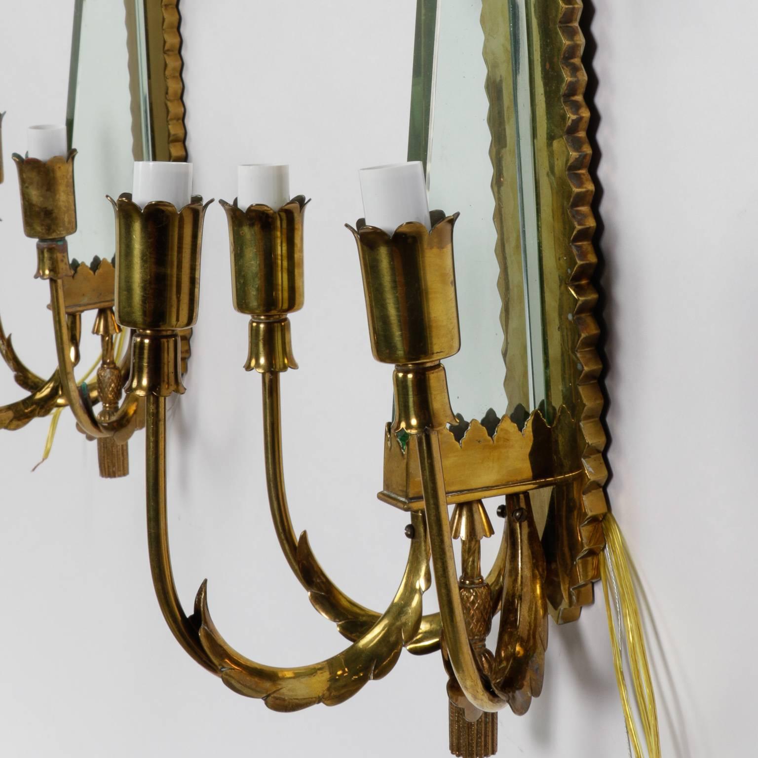 Mid-Century Modern Mid-Century Brass and Glass Three-Light Sconces in Manner of Stilnovo