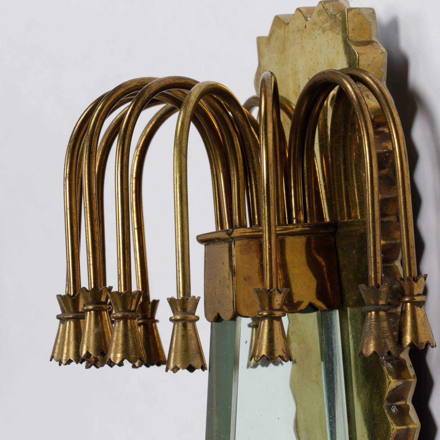 20th Century Mid-Century Brass and Glass Three-Light Sconces in Manner of Stilnovo