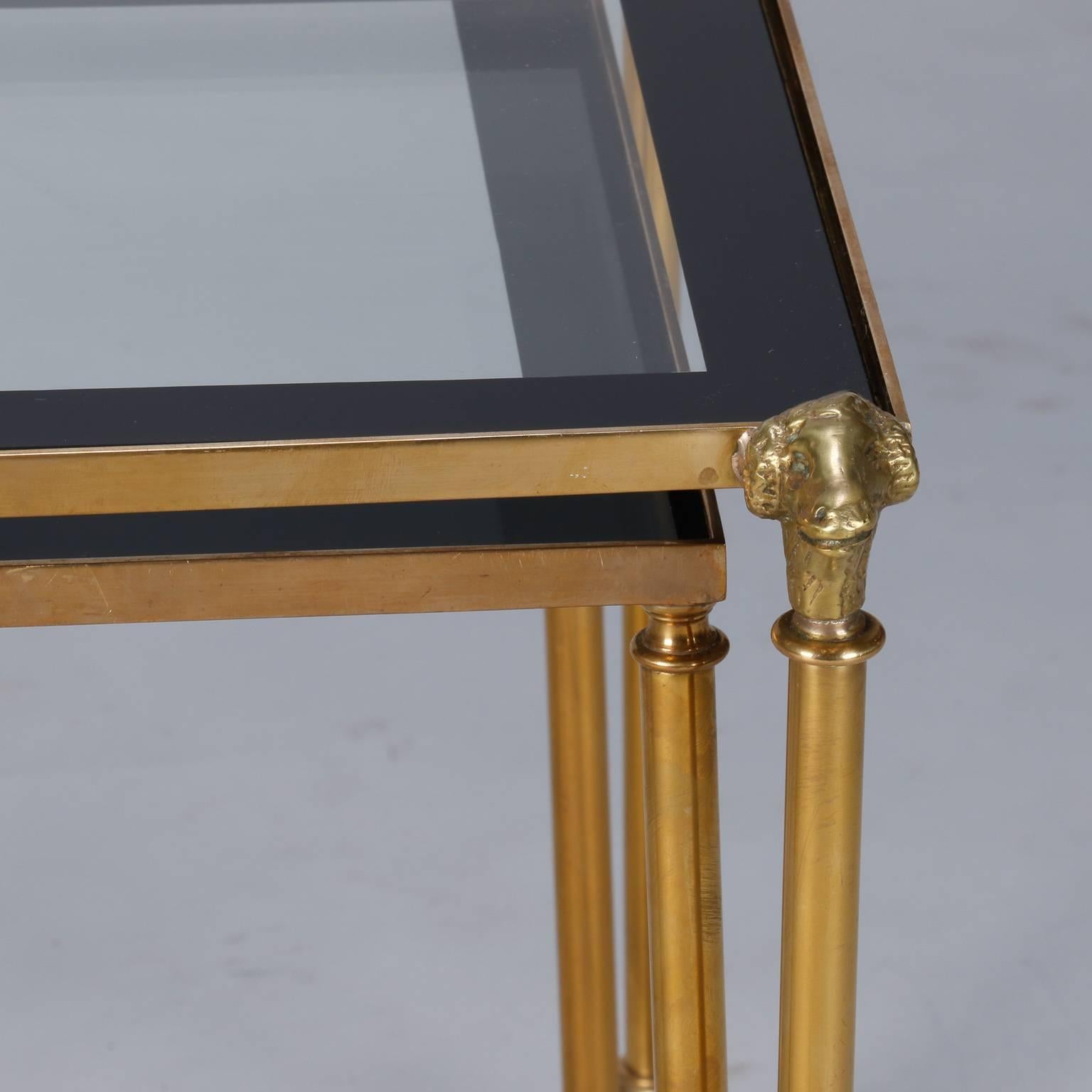 French Trio Brass and Glass Ram's Head and Hoof Feet Nesting Tables