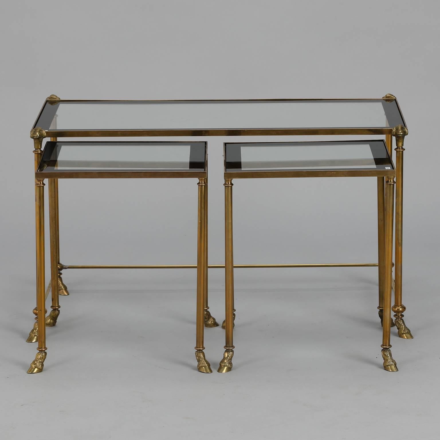 Neoclassical Trio Brass and Glass Ram's Head and Hoof Feet Nesting Tables