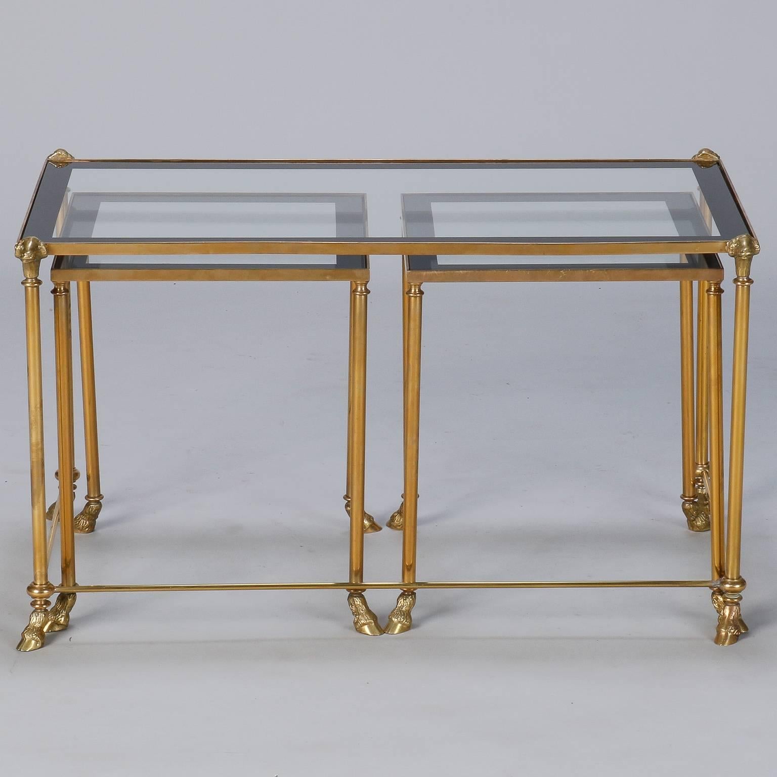 20th Century Trio Brass and Glass Ram's Head and Hoof Feet Nesting Tables