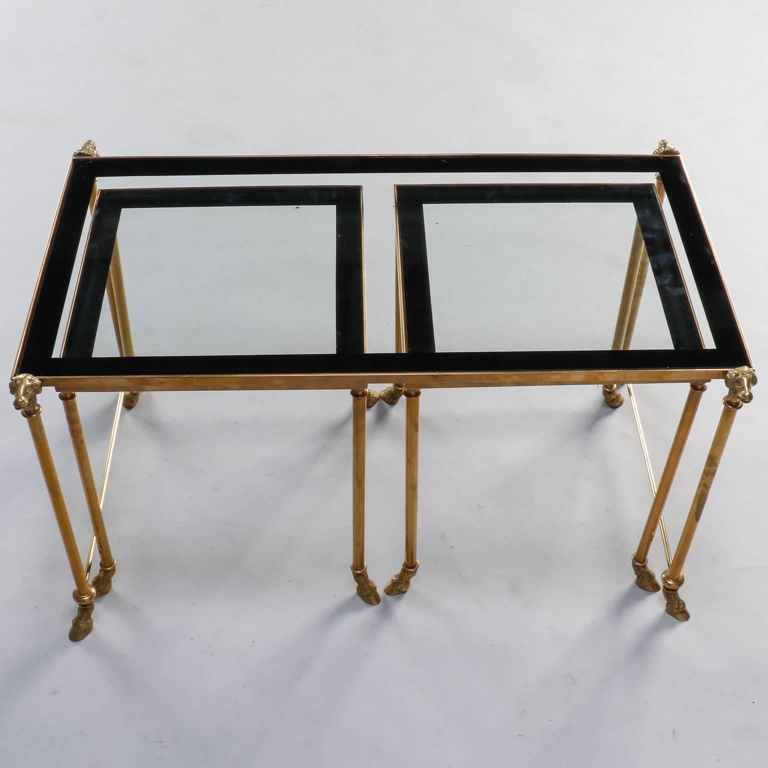Trio Brass and Glass Ram's Head and Hoof Feet Nesting Tables 1