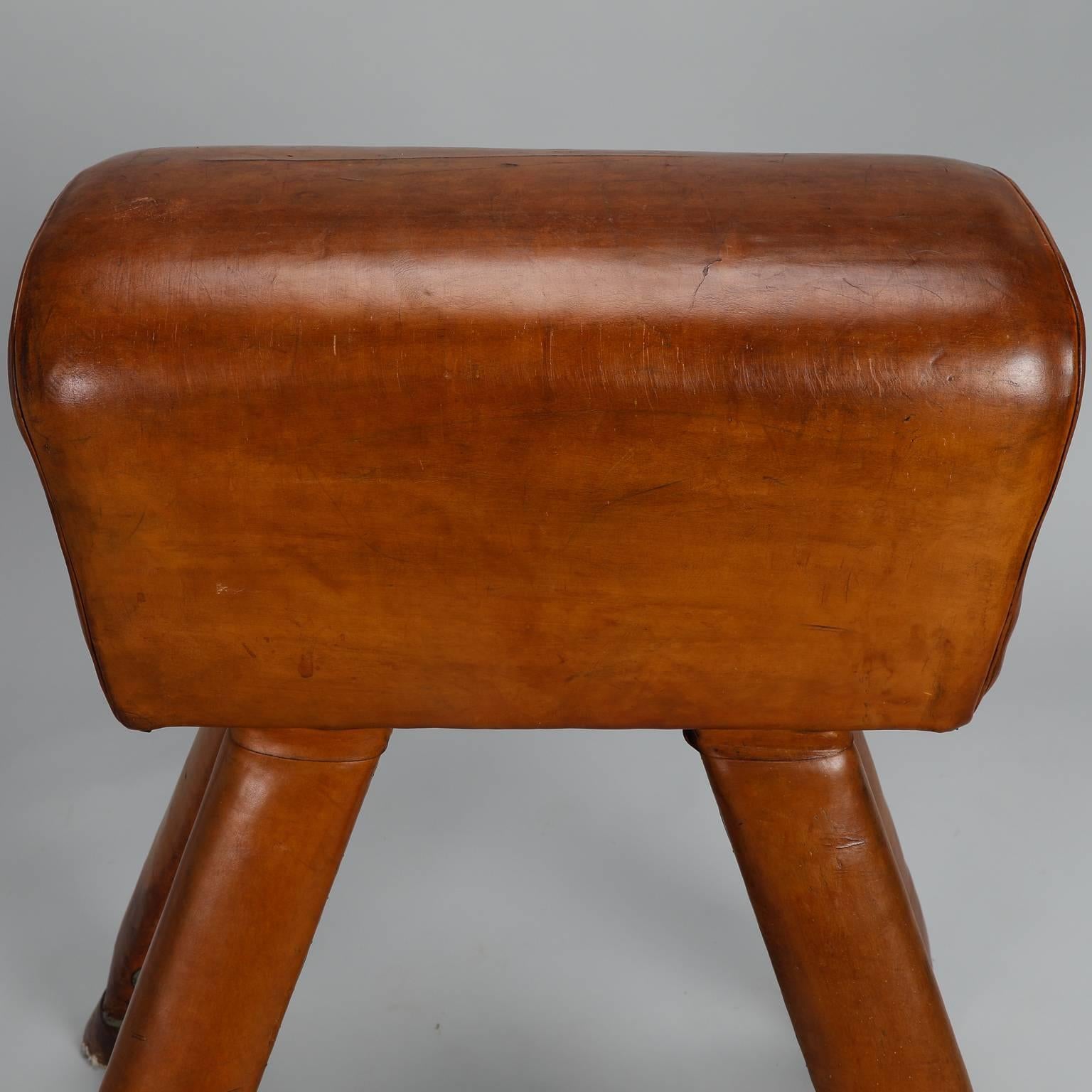 Industrial Early 20th Century French Leather and Beech Vaulting Horse