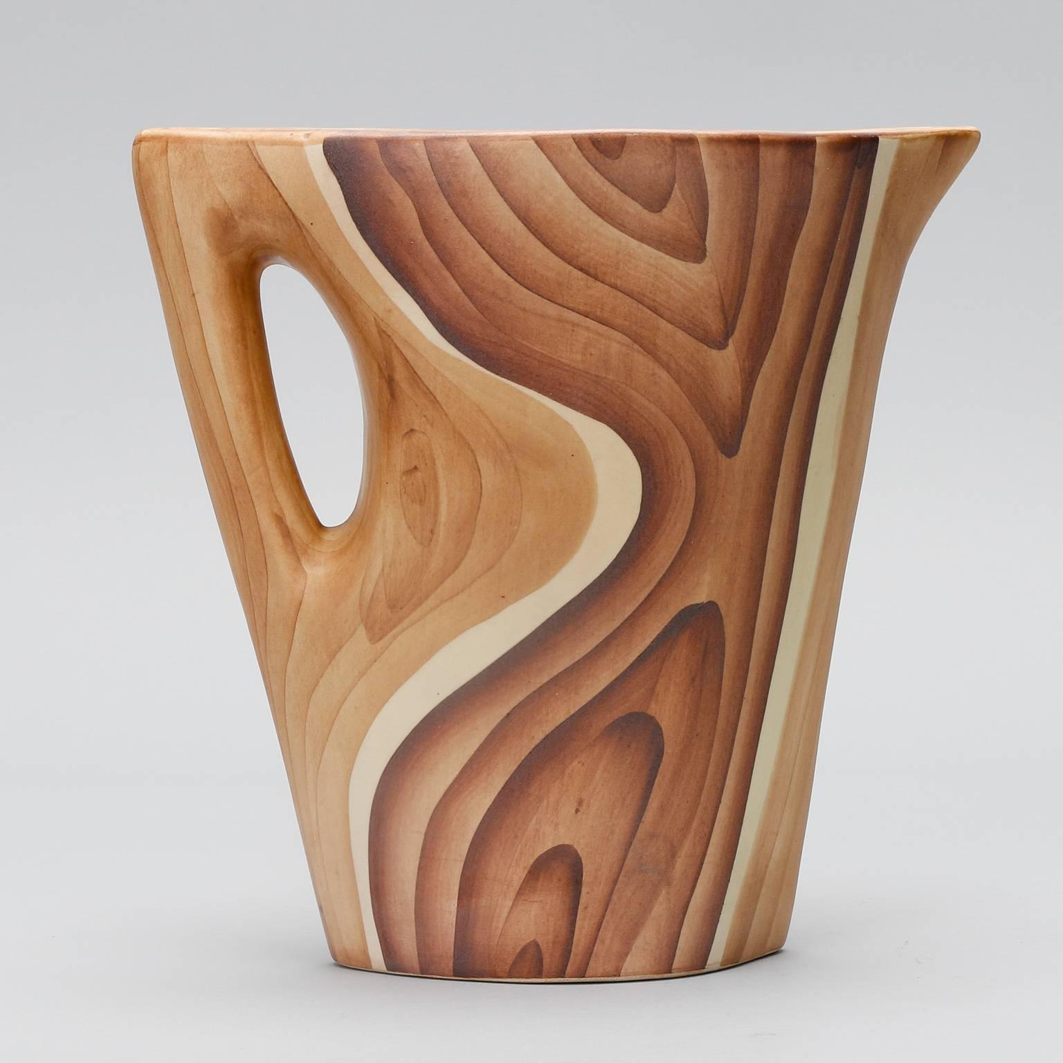 French Vallauris Faux Bois Ceramic Pitcher with Six Mugs