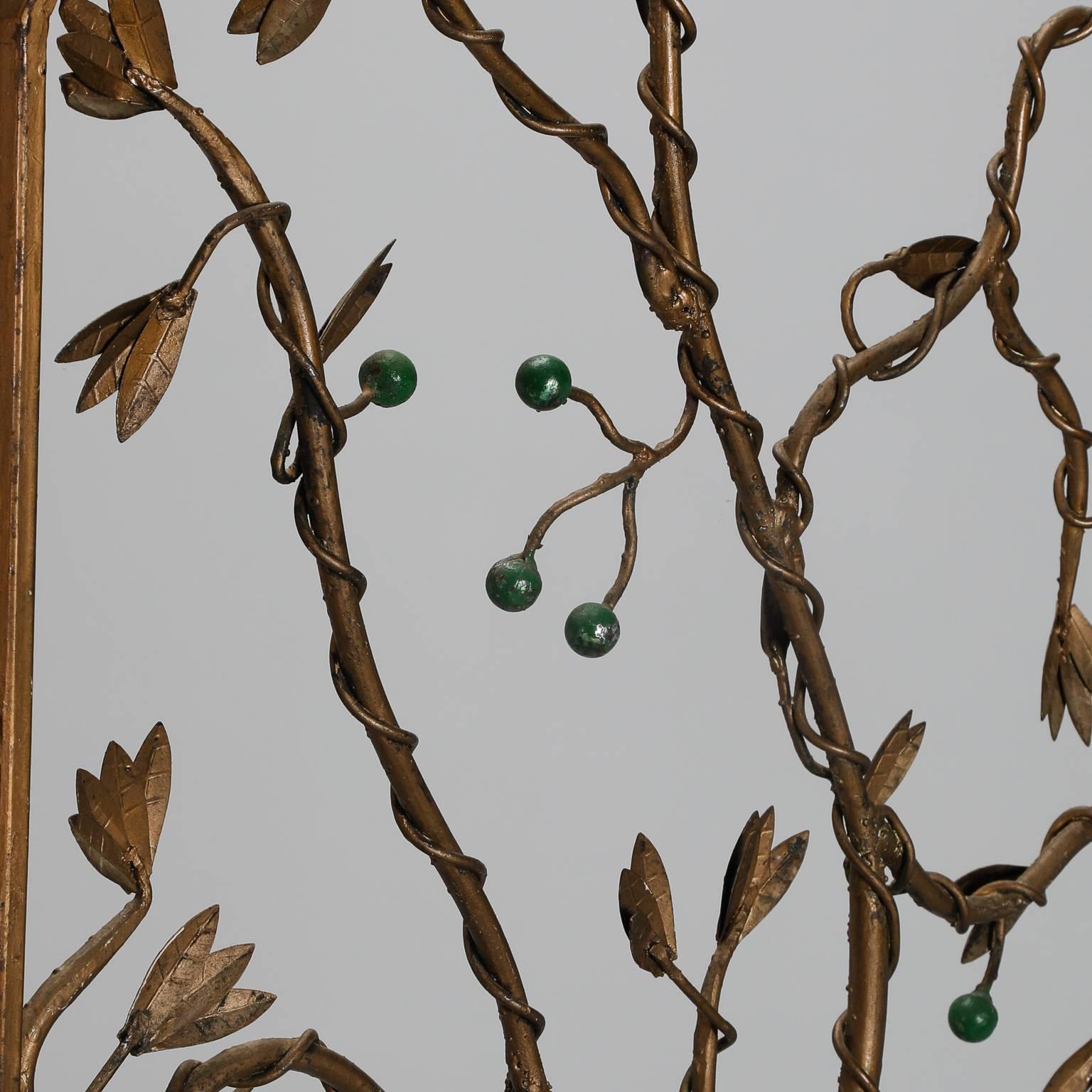 20th Century Gilt Metal Three-Panel Floor Screen with Vine and Berry Motif
