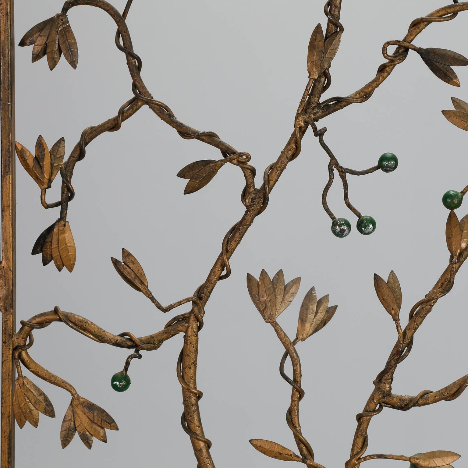 Gilt Metal Three-Panel Floor Screen with Vine and Berry Motif 3