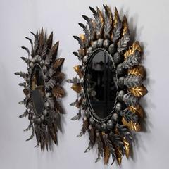 Pair of Spanish Gilt and Silver Metal Sunburst Mirrors