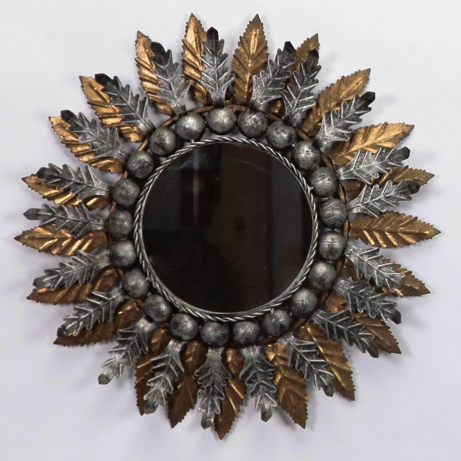 Pair of Spanish Gilt and Silver Metal Sunburst Mirrors In Excellent Condition For Sale In Troy, MI