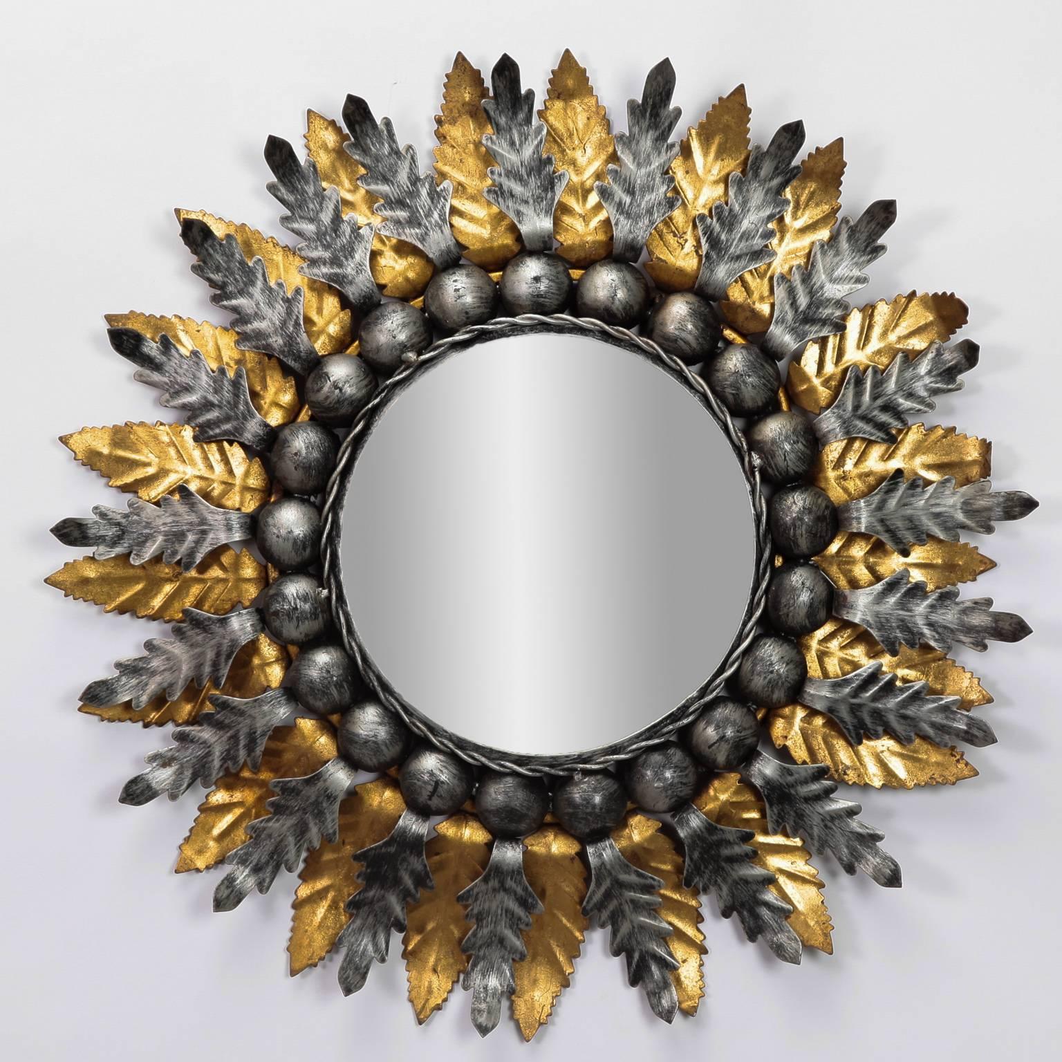 20th Century Pair of Spanish Gilt and Silver Metal Sunburst Mirrors For Sale