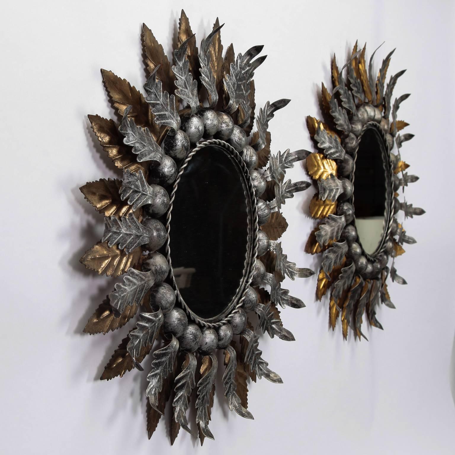 Pair of Spanish Gilt and Silver Metal Sunburst Mirrors For Sale 3