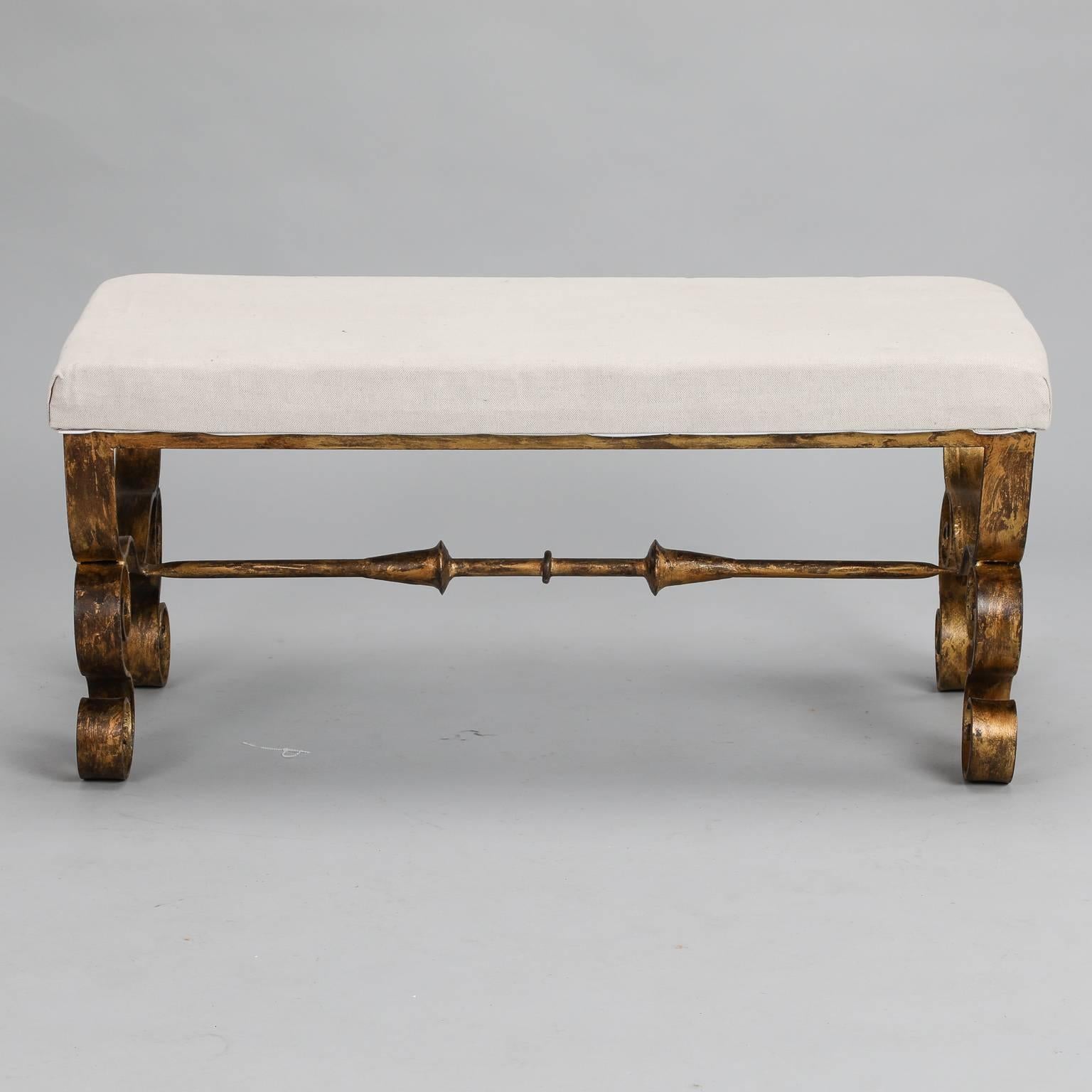 20th Century Upholstered Bench with Scrolled Gilt Metal Legs