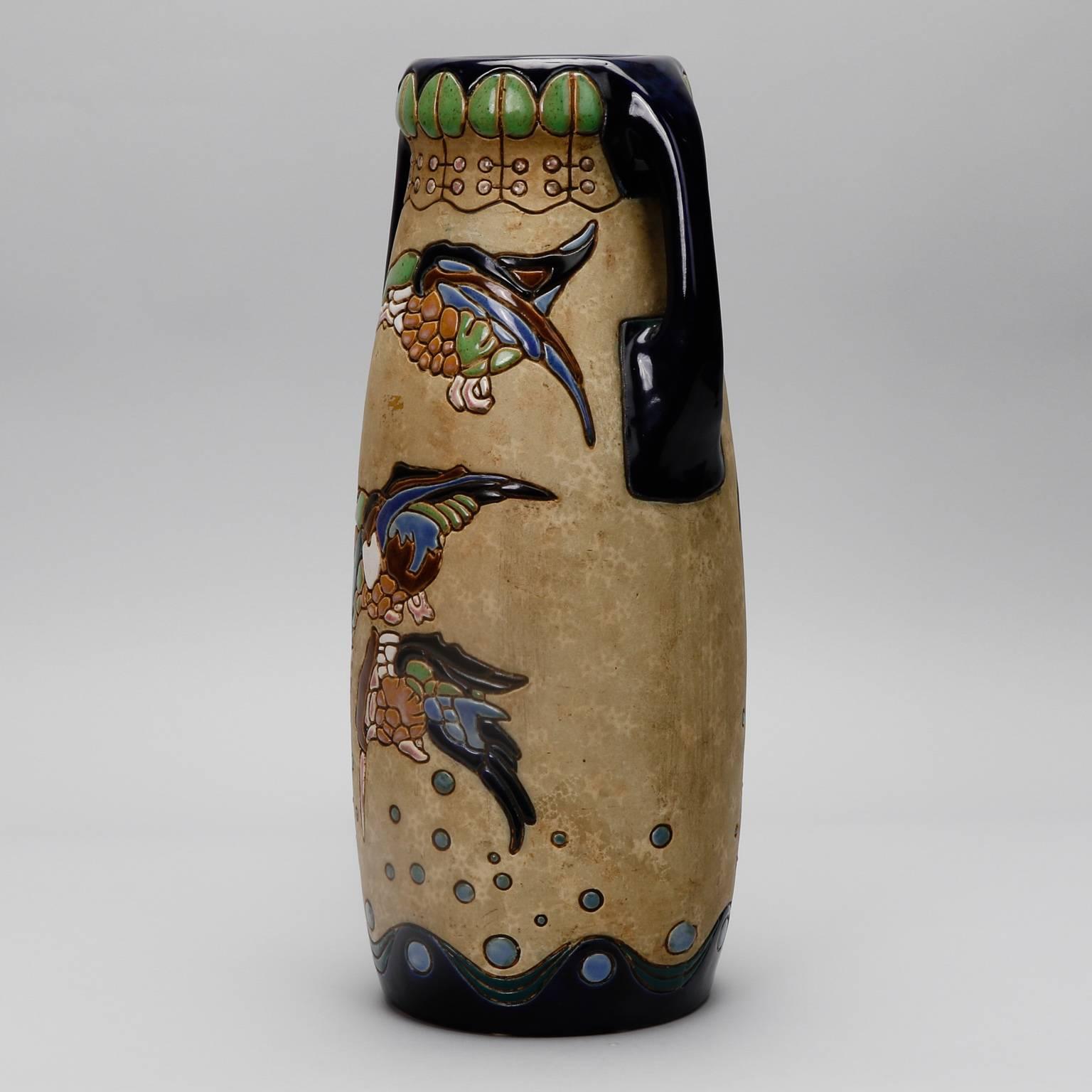 Czech Extra Large Jugendstil Amphora Vase with Birds