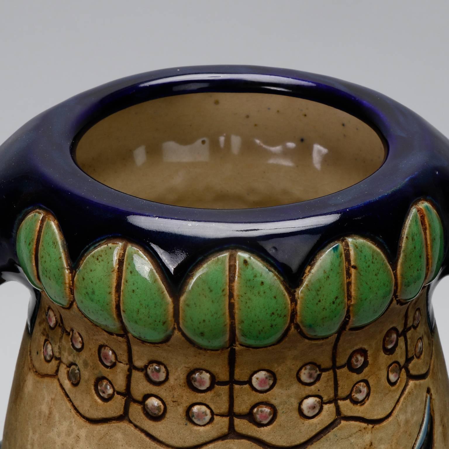 Glazed Extra Large Jugendstil Amphora Vase with Birds