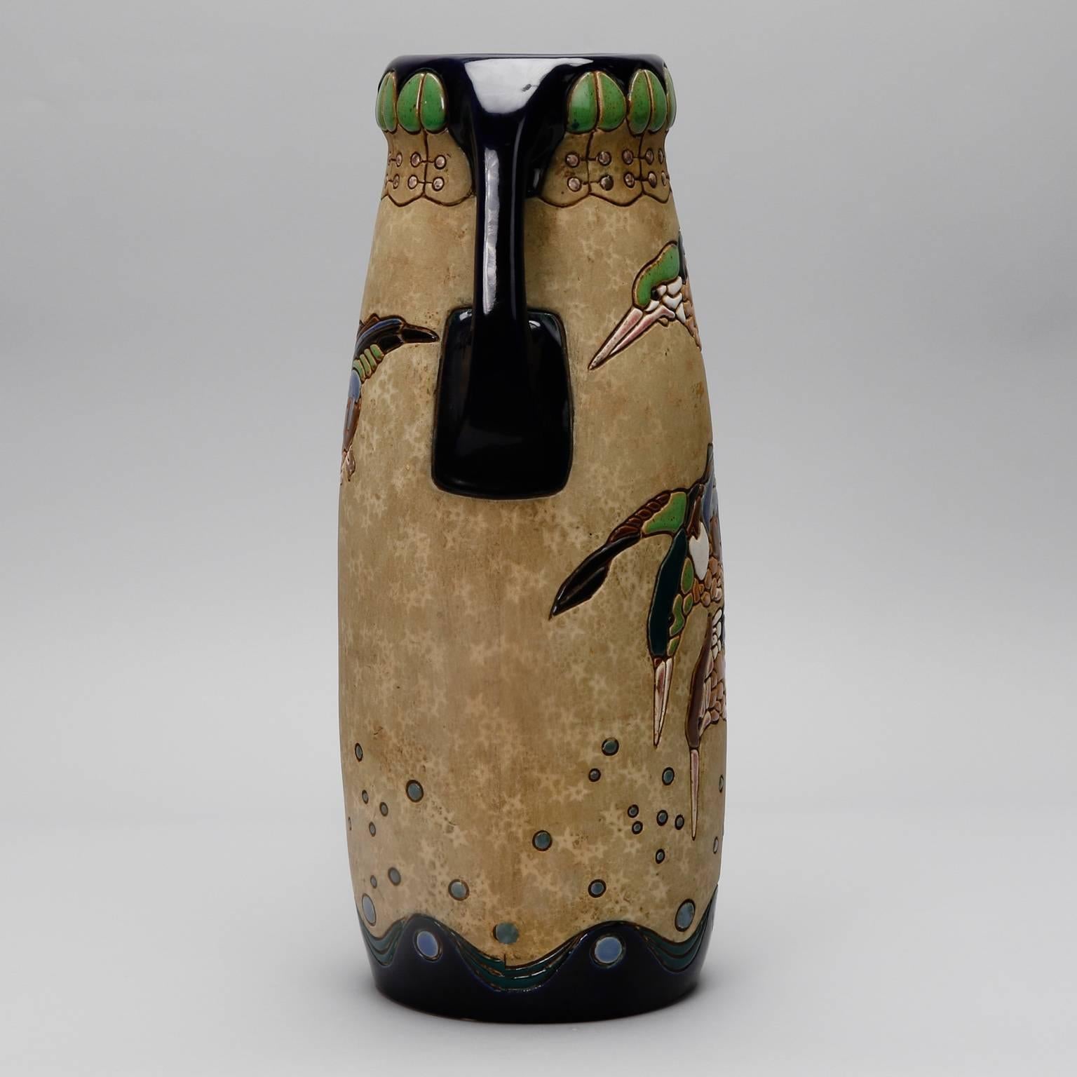 Extra Large Jugendstil Amphora Vase with Birds In Good Condition In Troy, MI