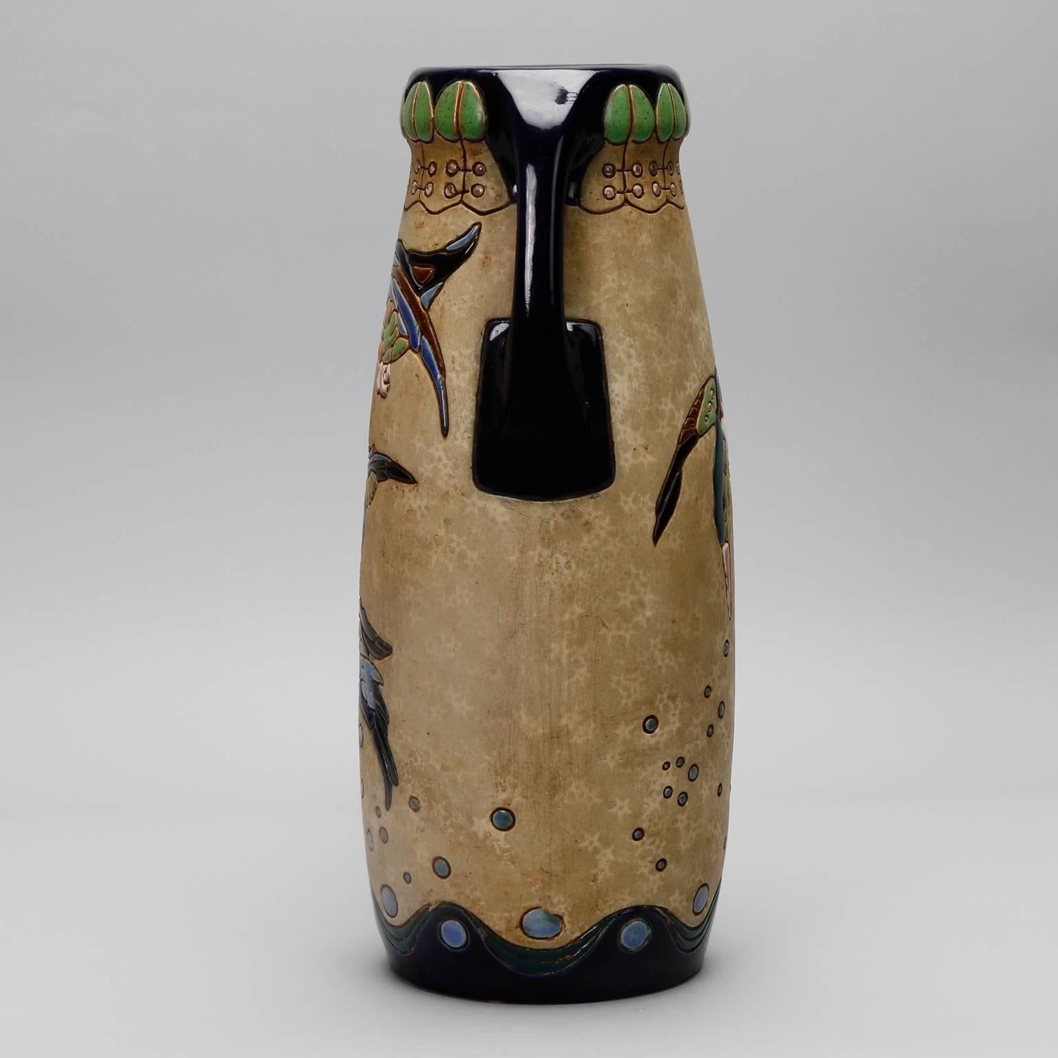 Ceramic Extra Large Jugendstil Amphora Vase with Birds