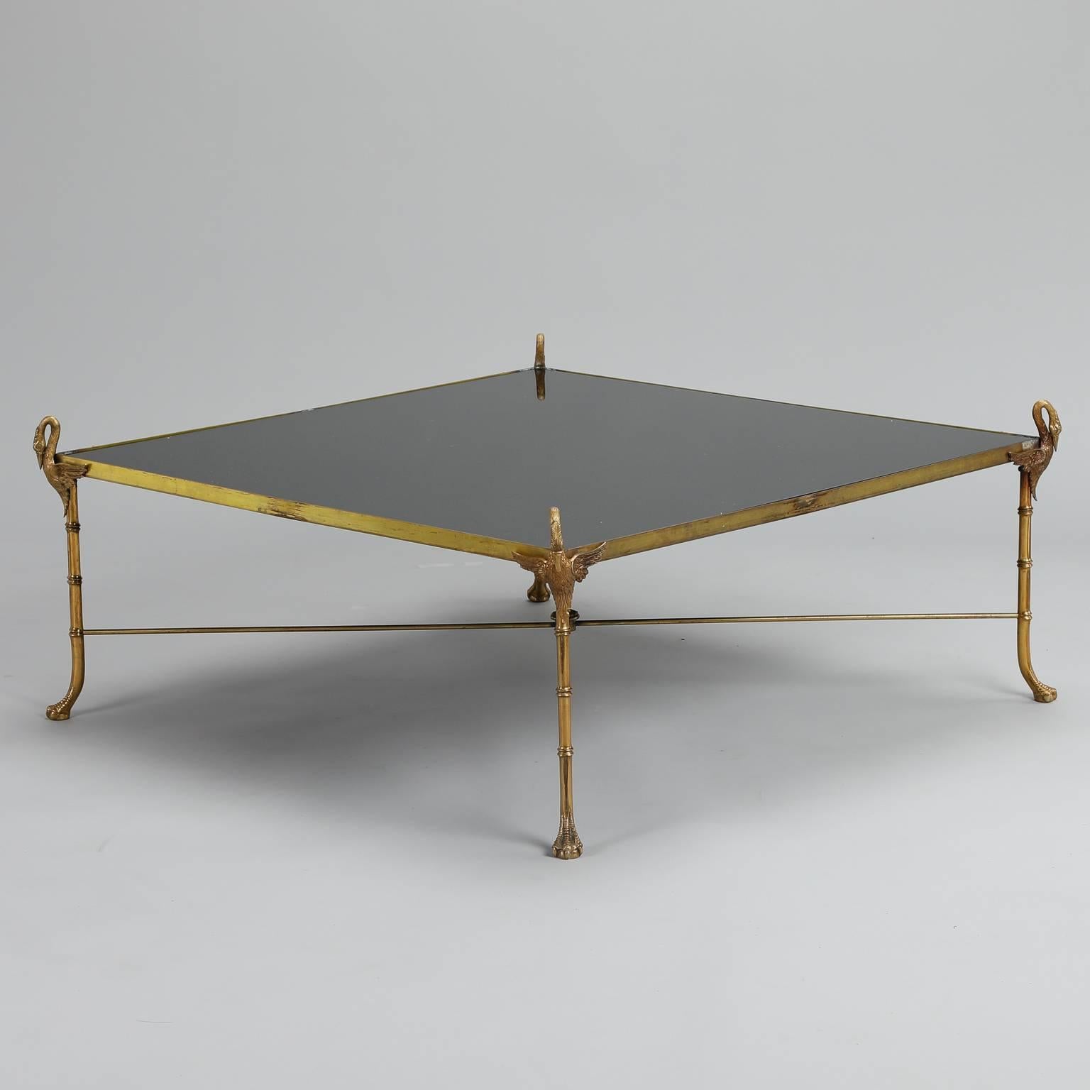 French Brass and Glass Coffee Table with Sculpted Swans In Good Condition In Troy, MI