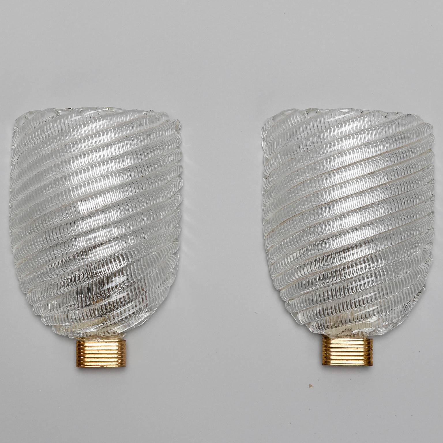 20th Century Pair of Ribbed Murano Glass and Brass Sconces