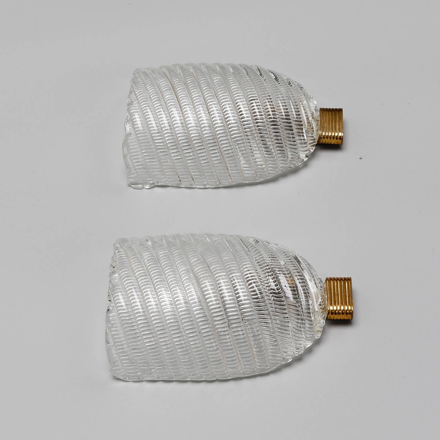 Mid-Century Modern Pair of Ribbed Murano Glass and Brass Sconces