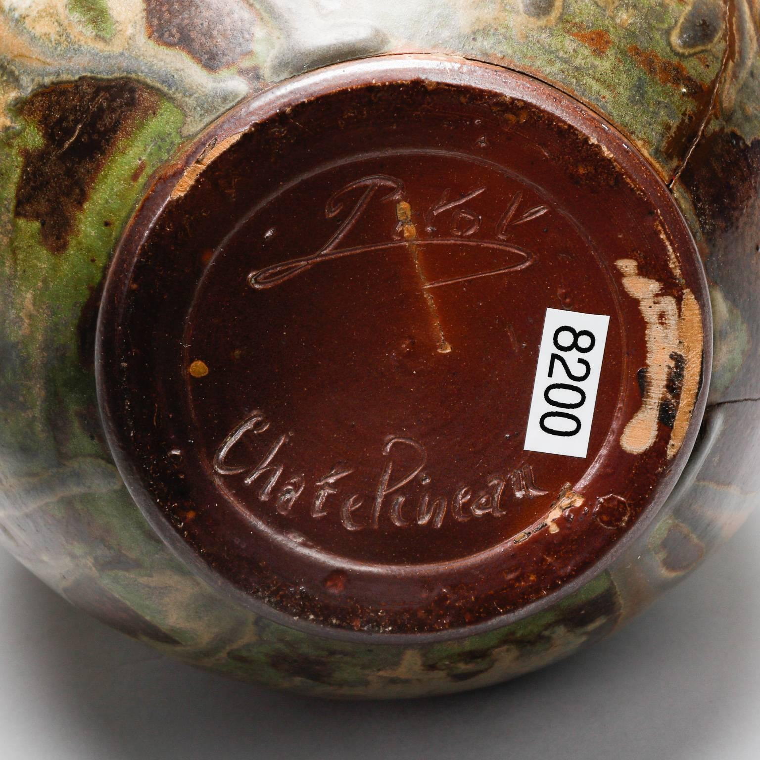 20th Century Tall Signed Pitot Belgian Vase with Applied Leaves