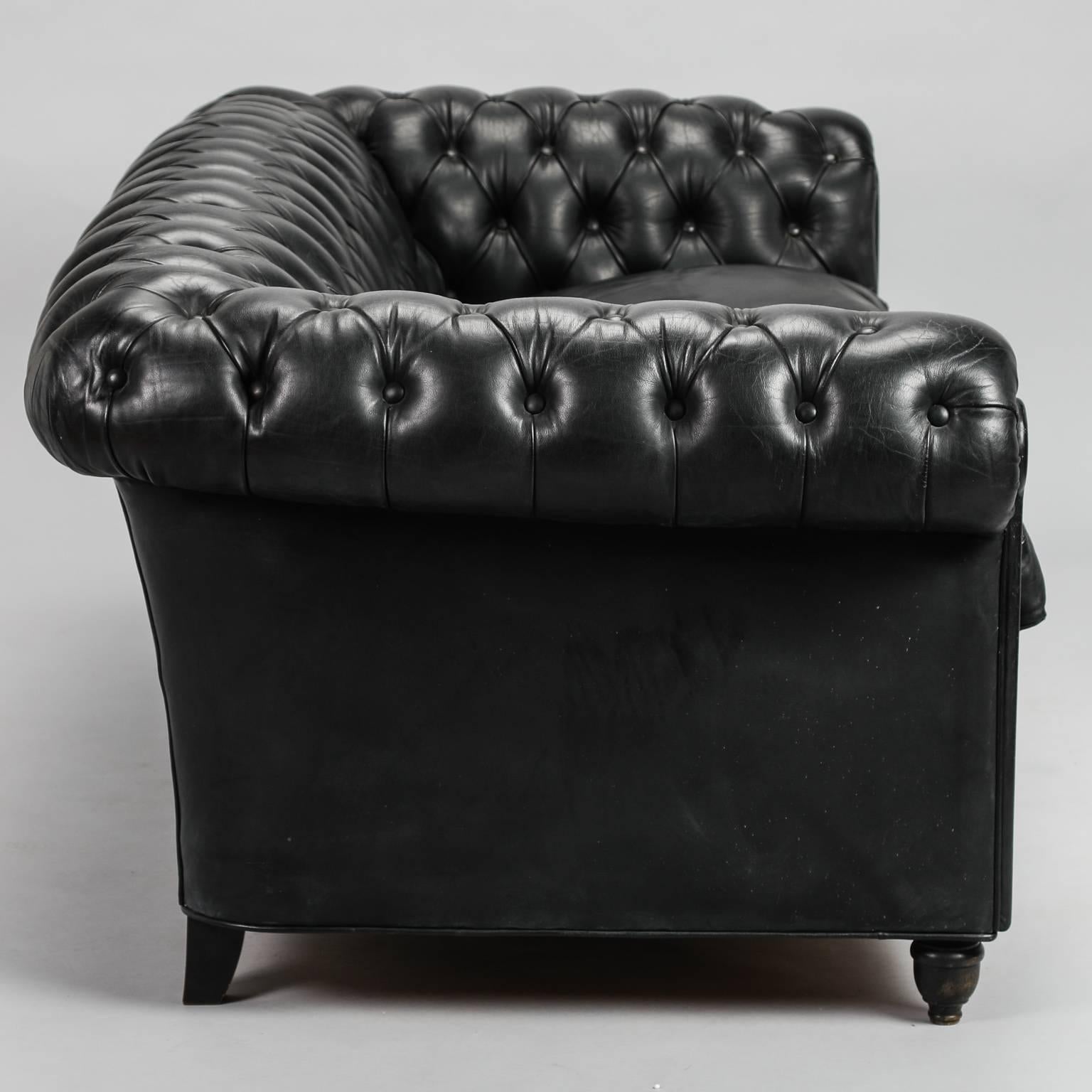 English Mid-Century Black Leather Chesterfield Sofa