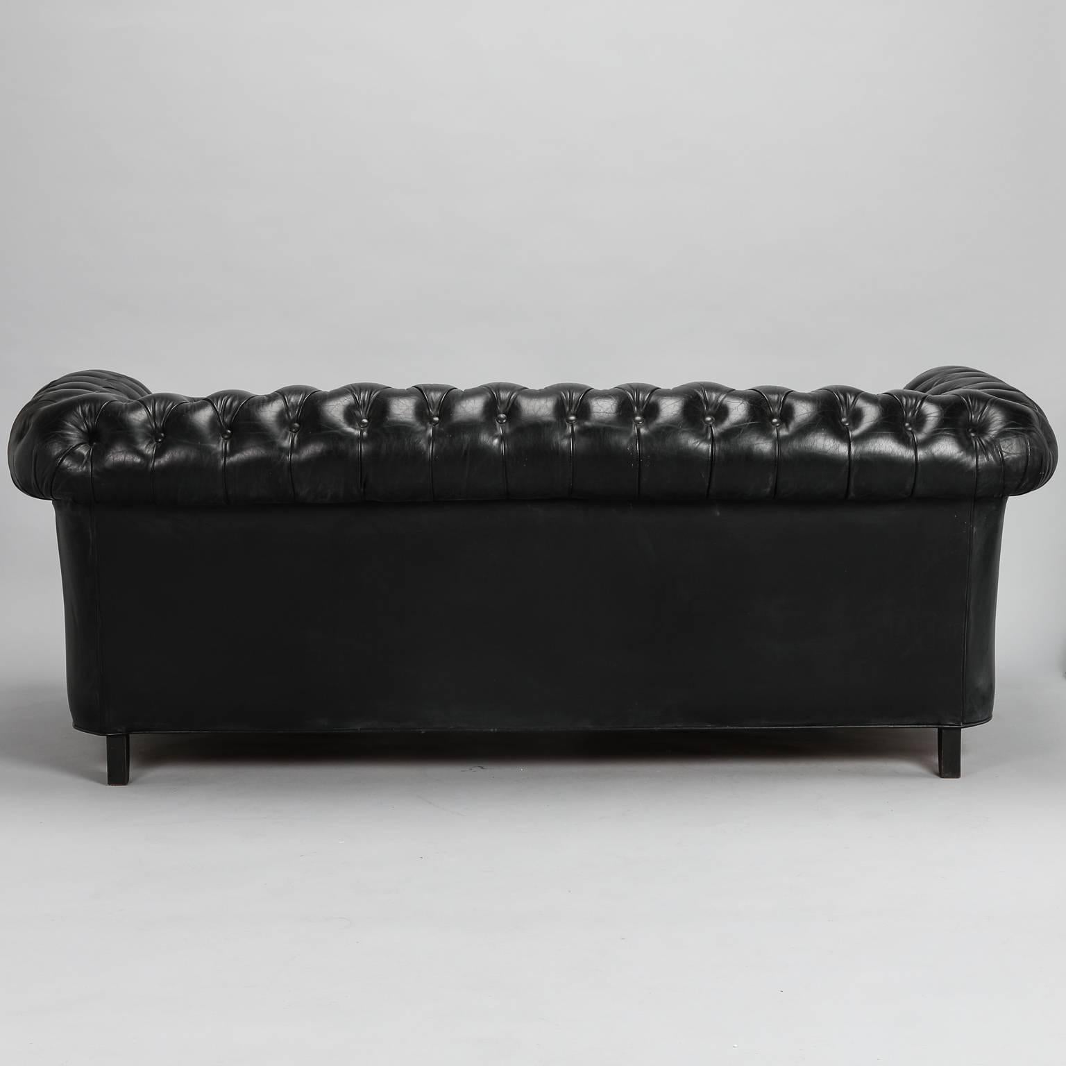 Mid-Century Modern Mid-Century Black Leather Chesterfield Sofa