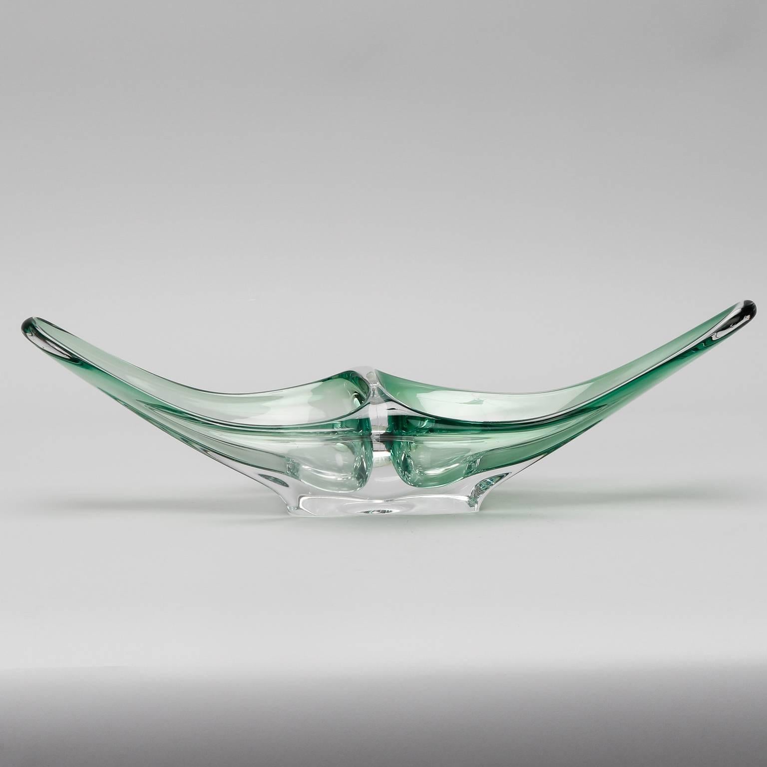 Elongated centerpiece bowl by Belgian maker Val Saint Lambert in green and clear glass. Original label still affixed, circa 1960s.