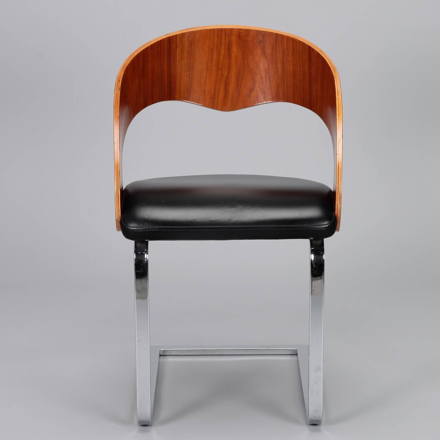 European Mid-Century Set Six Beech Leather and Steel Chairs