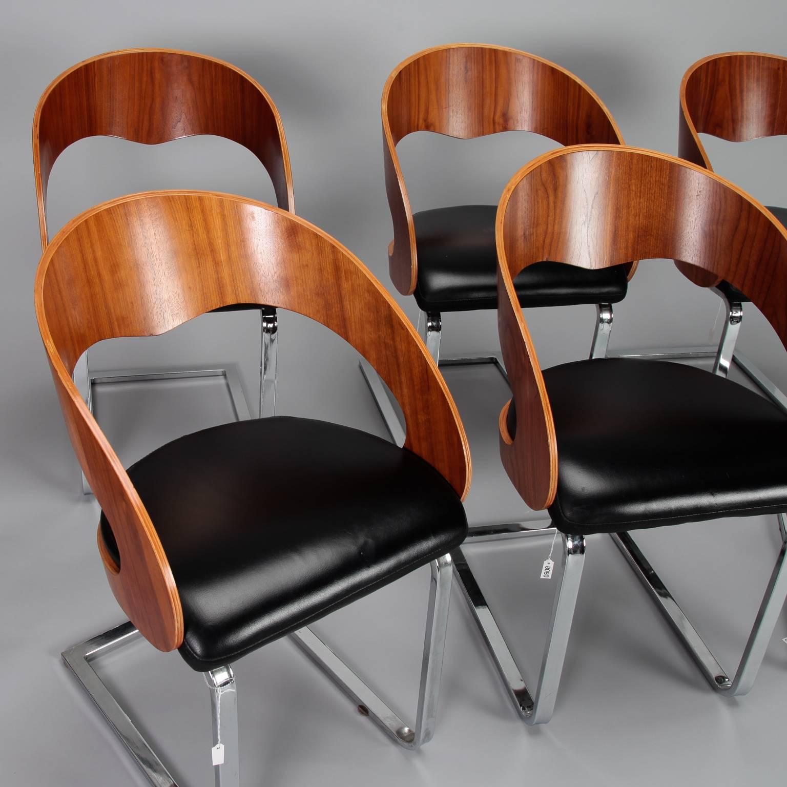 Mid-Century Set Six Beech Leather and Steel Chairs 2