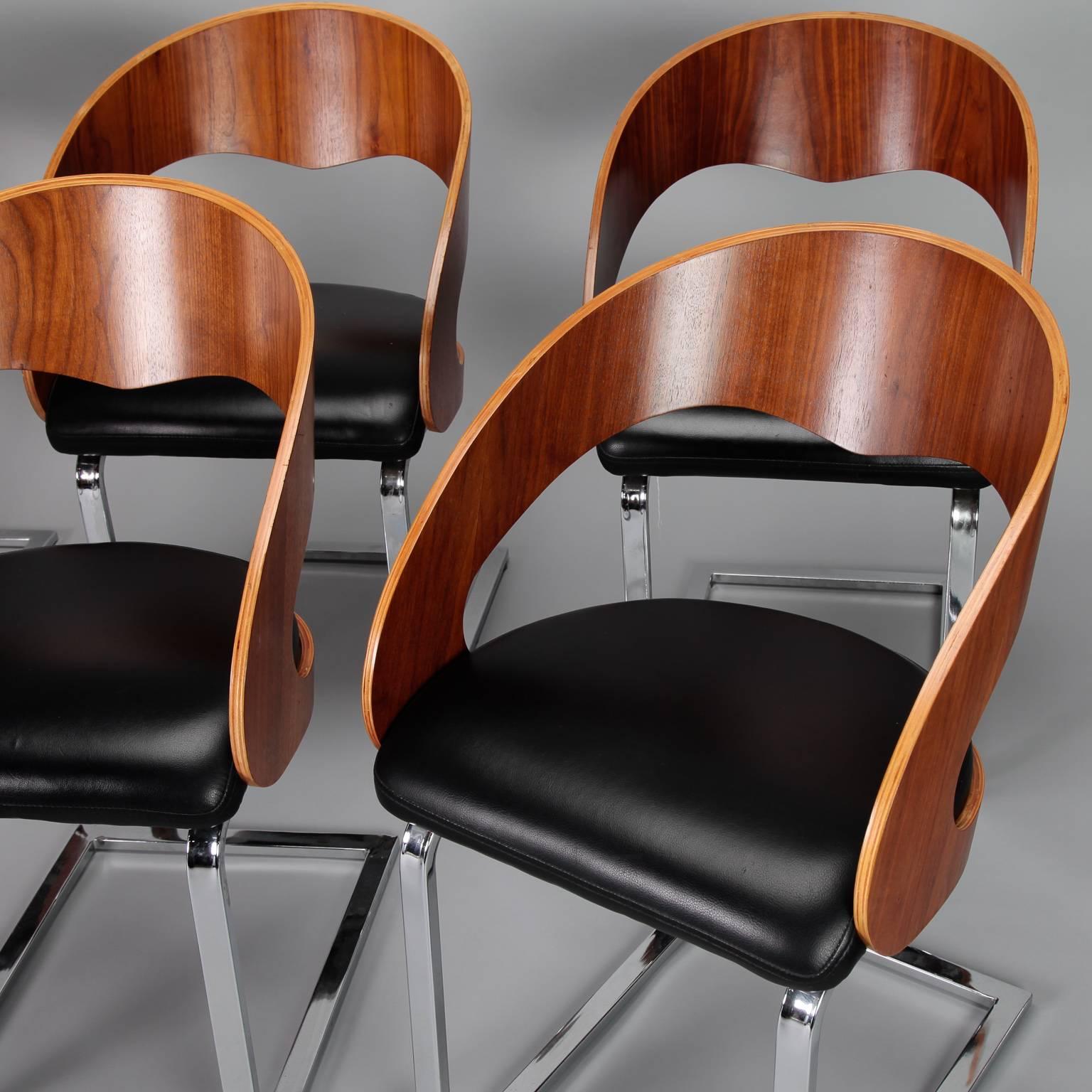 Mid-Century Set Six Beech Leather and Steel Chairs 4