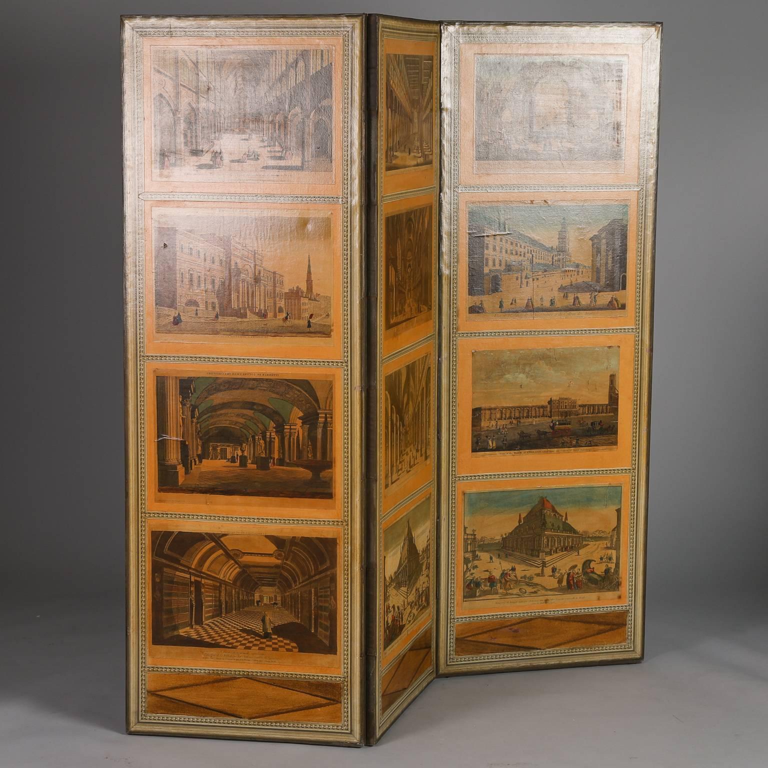 French Directoire style three panel folding screen decorated with antique prints of European architectural scenes, circa 1950s. Wood framed panels have been covered in stretched and painted canvas with antique decoupaged prints of classic European
