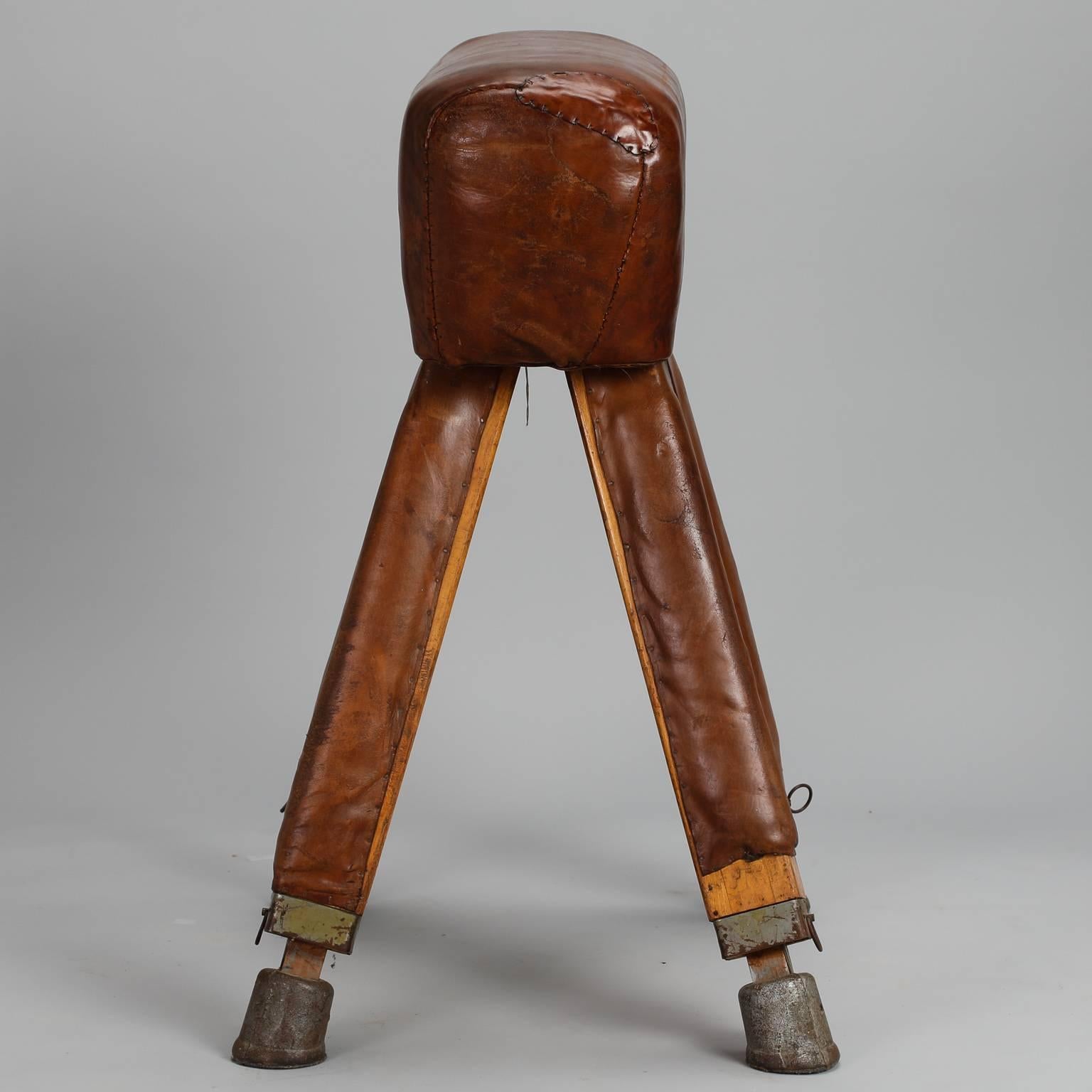 20th Century French Beech Wood Metal and Leather Vaulting Horse