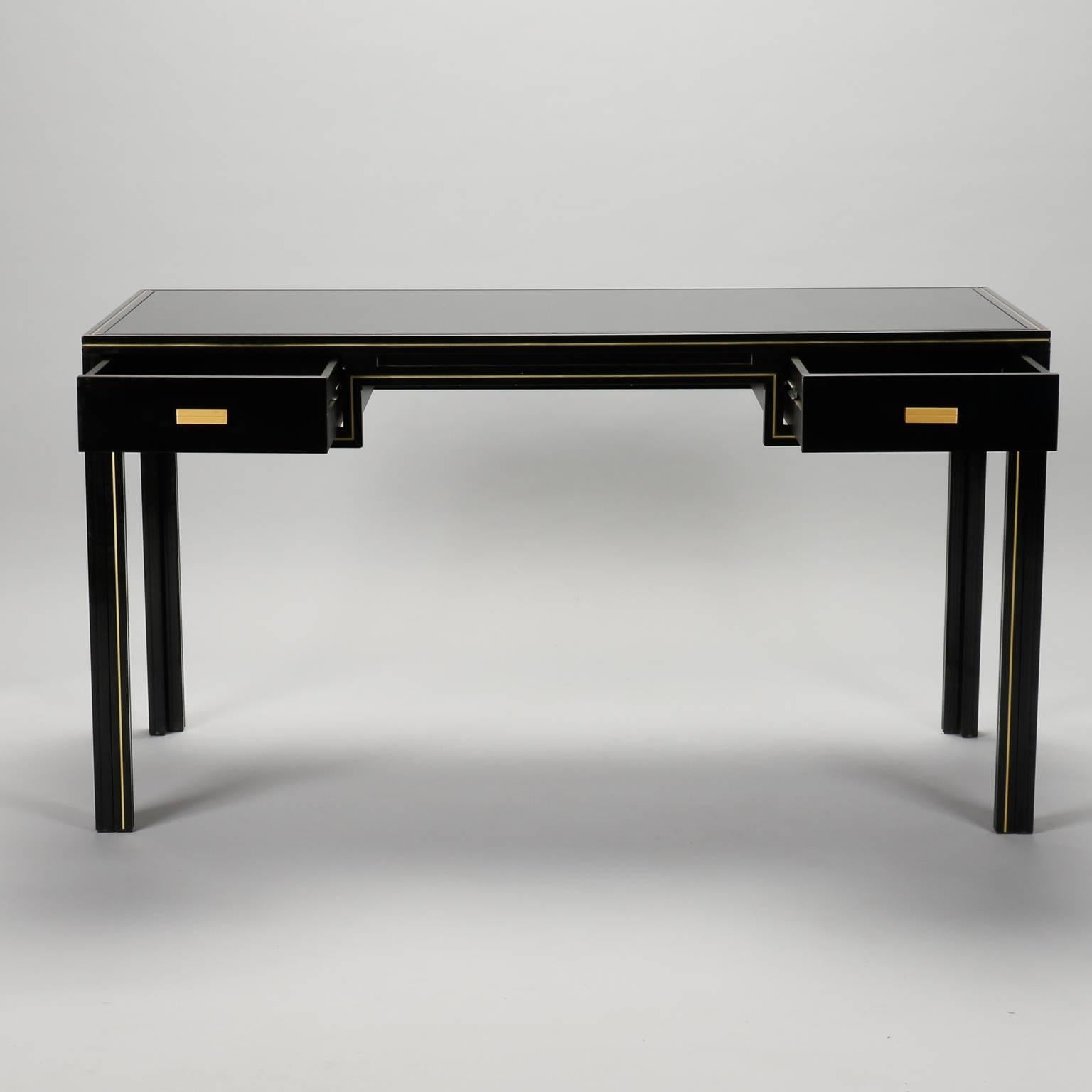 French Pierre Vandel Black Lacquered and Brass Desk