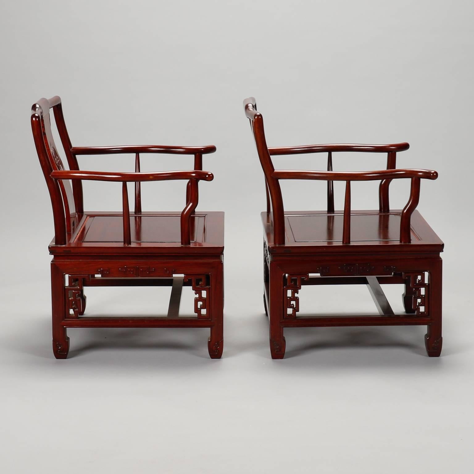 Pair 1930s Chinese Carved Wood Armchairs In Good Condition In Troy, MI