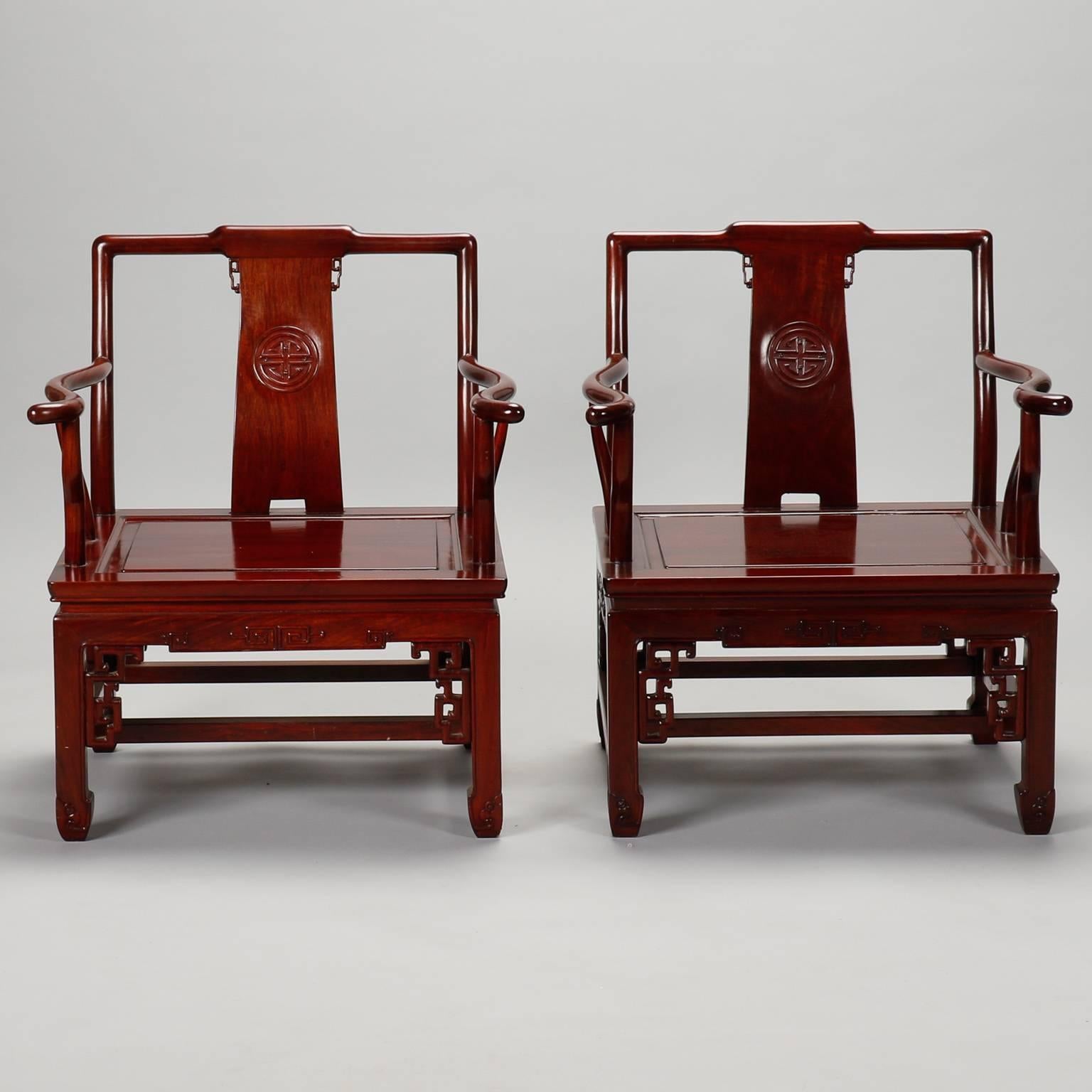 20th Century Pair 1930s Chinese Carved Wood Armchairs