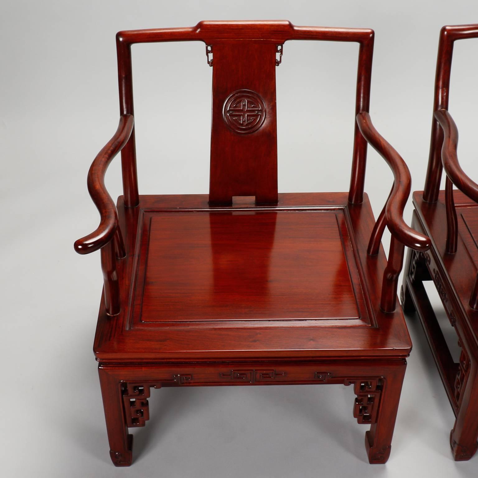 Pair 1930s Chinese Carved Wood Armchairs 3