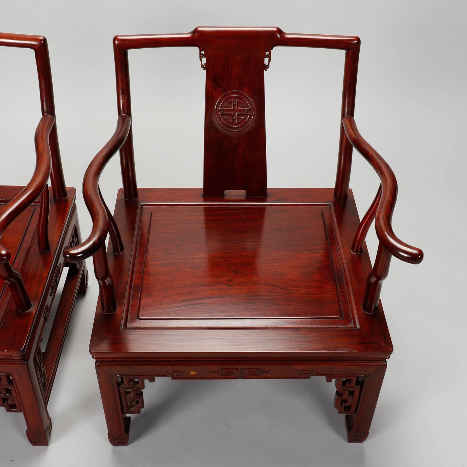 Pair 1930s Chinese Carved Wood Armchairs 5