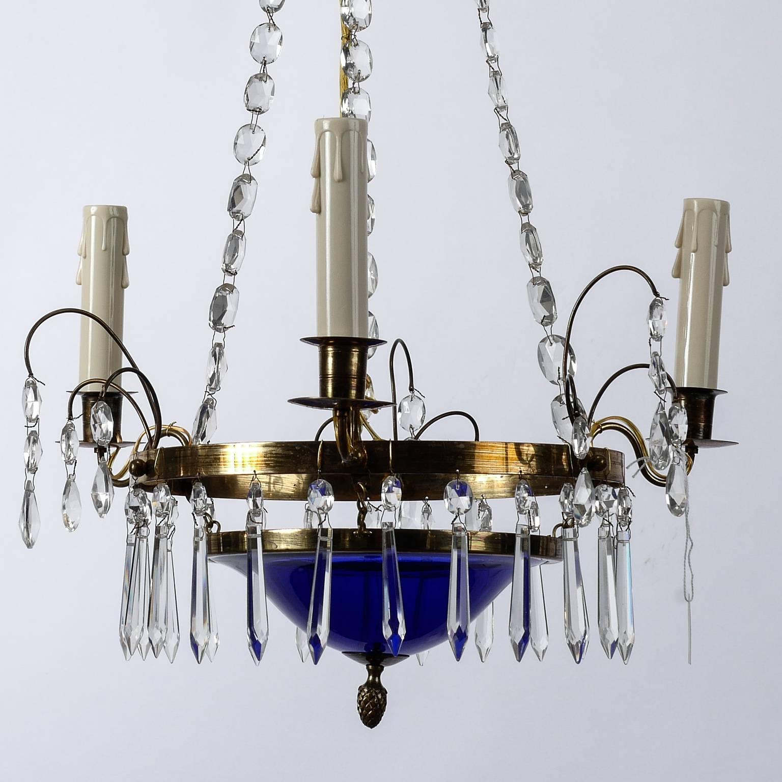 20th Century Swedish Crystal and Blue Glass Three-Light Chandelier