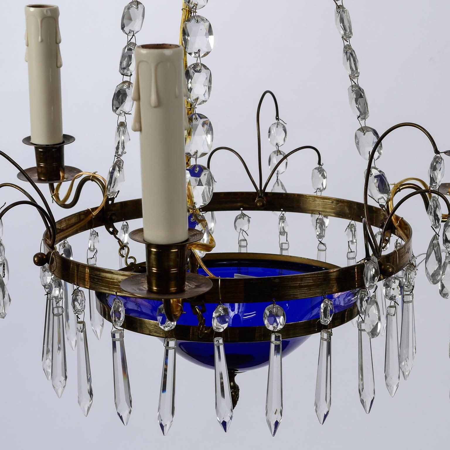 Swedish Crystal and Blue Glass Three-Light Chandelier In Good Condition In Troy, MI