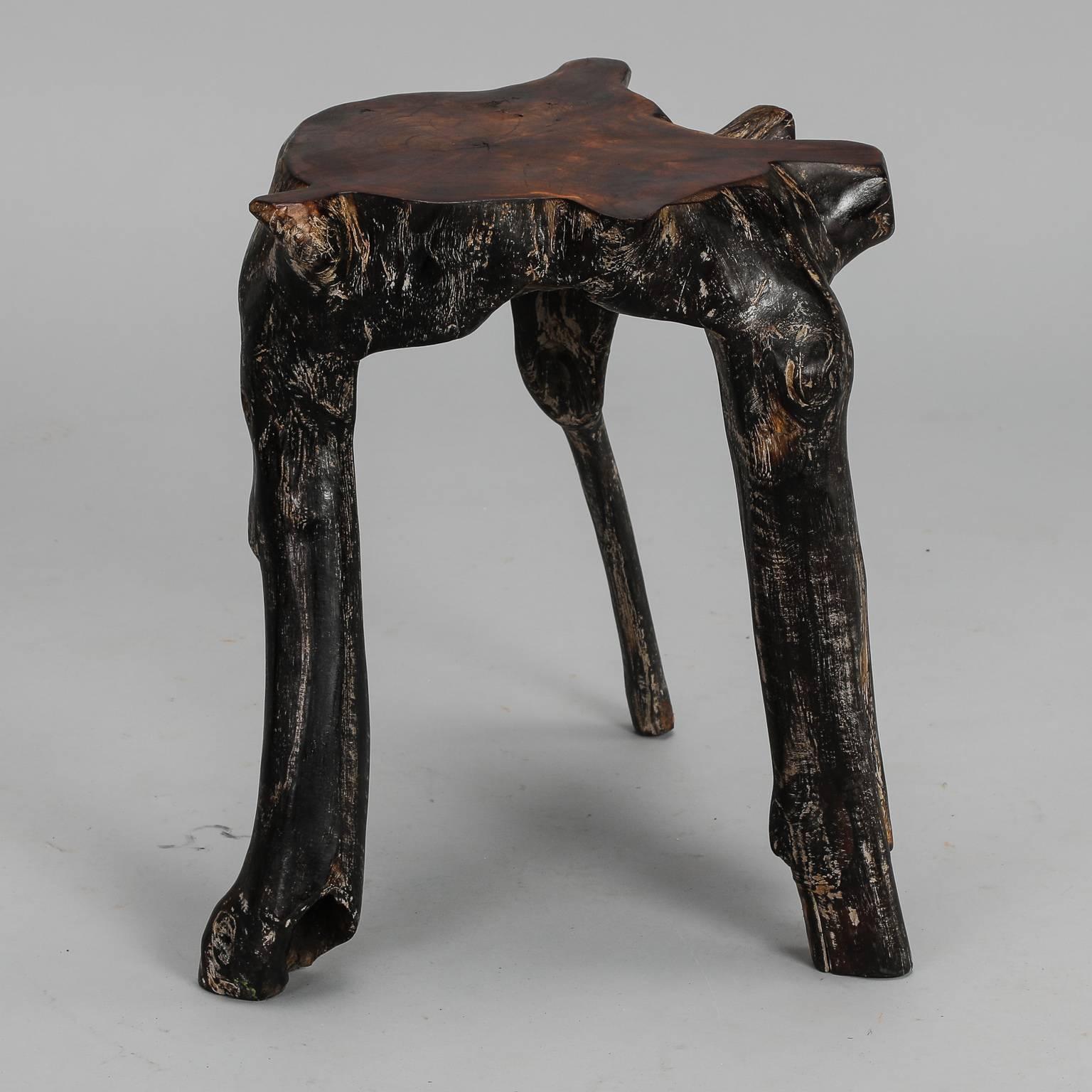 Chinese side table has tabletop consisting of tree trunk sliced flat and polished with three of the original roots forming the legs, circa 1960s.