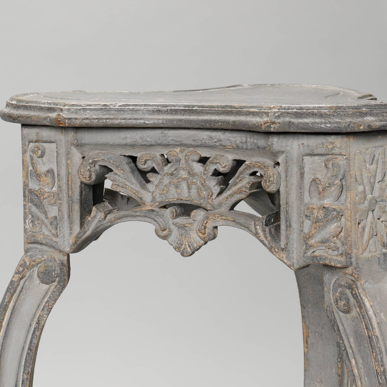 Carved Small French Blue Grey Trefoil Side Table
