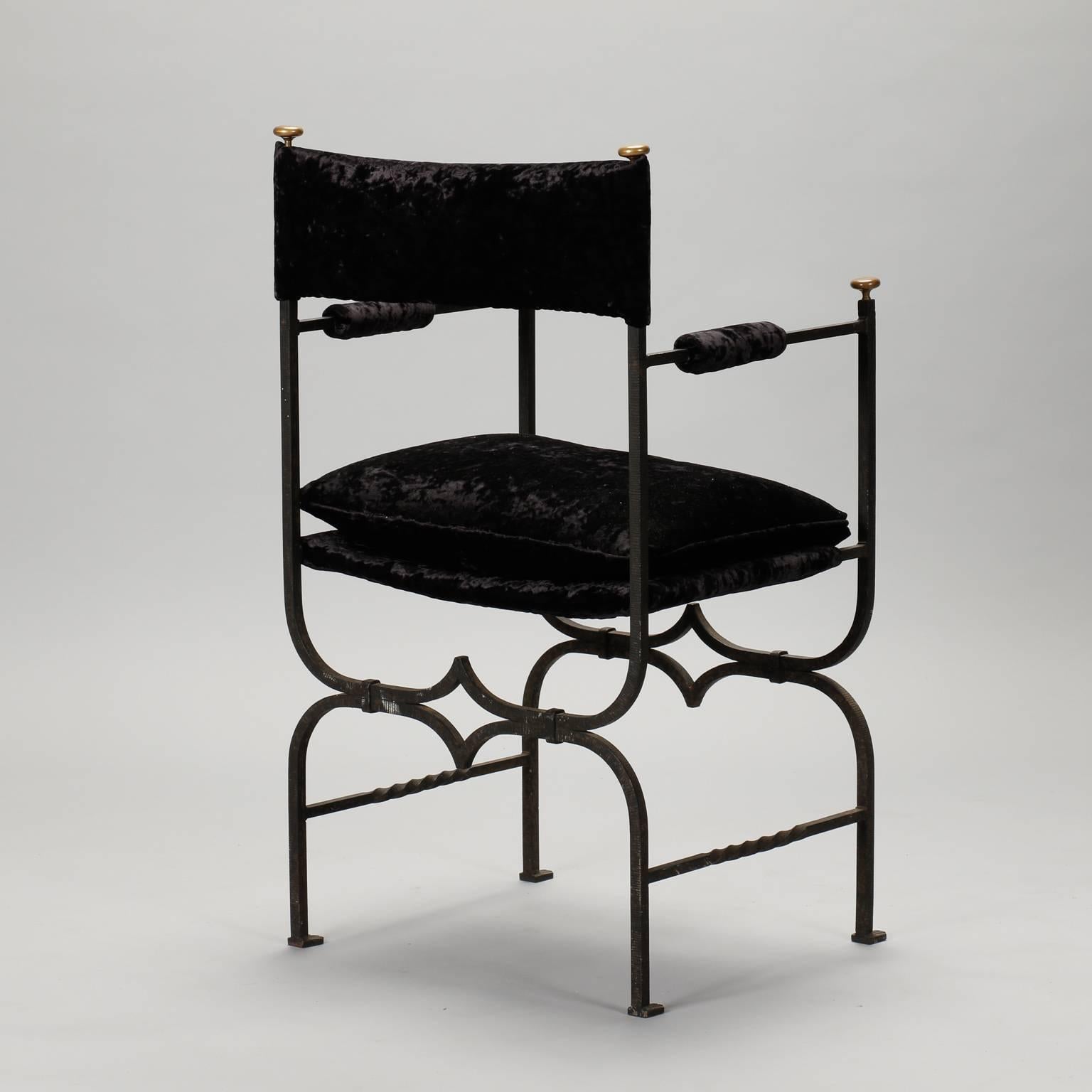 Wrought Iron French Empire Style Iron and Velvet Chair