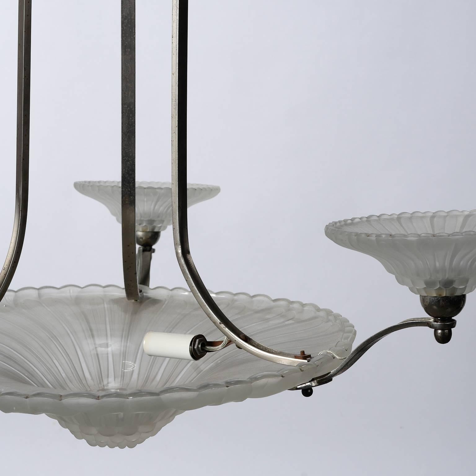 Metal Art Deco Four-Light Satin Glass Chandelier