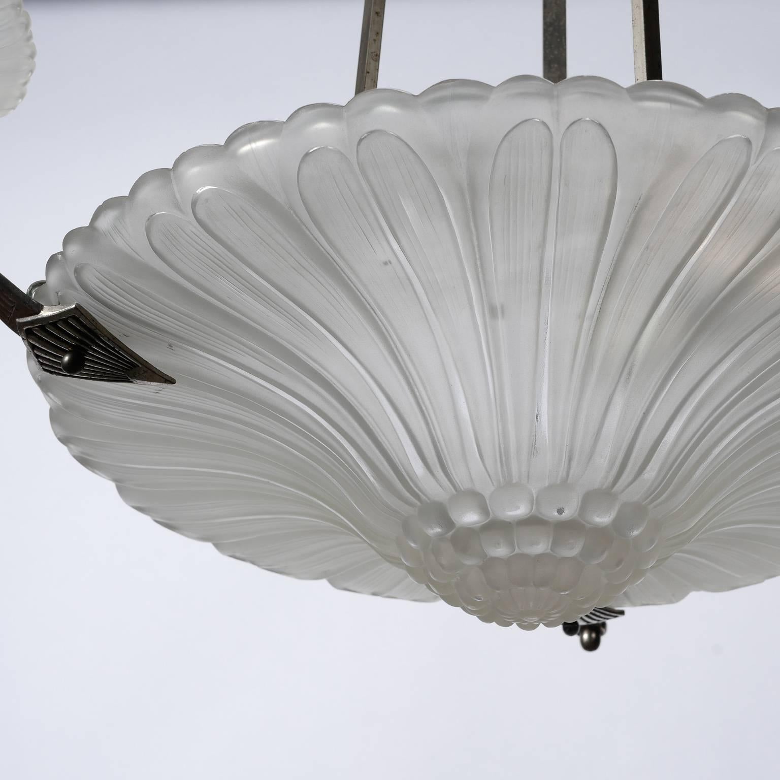 Art Deco Four-Light Satin Glass Chandelier In Good Condition In Troy, MI