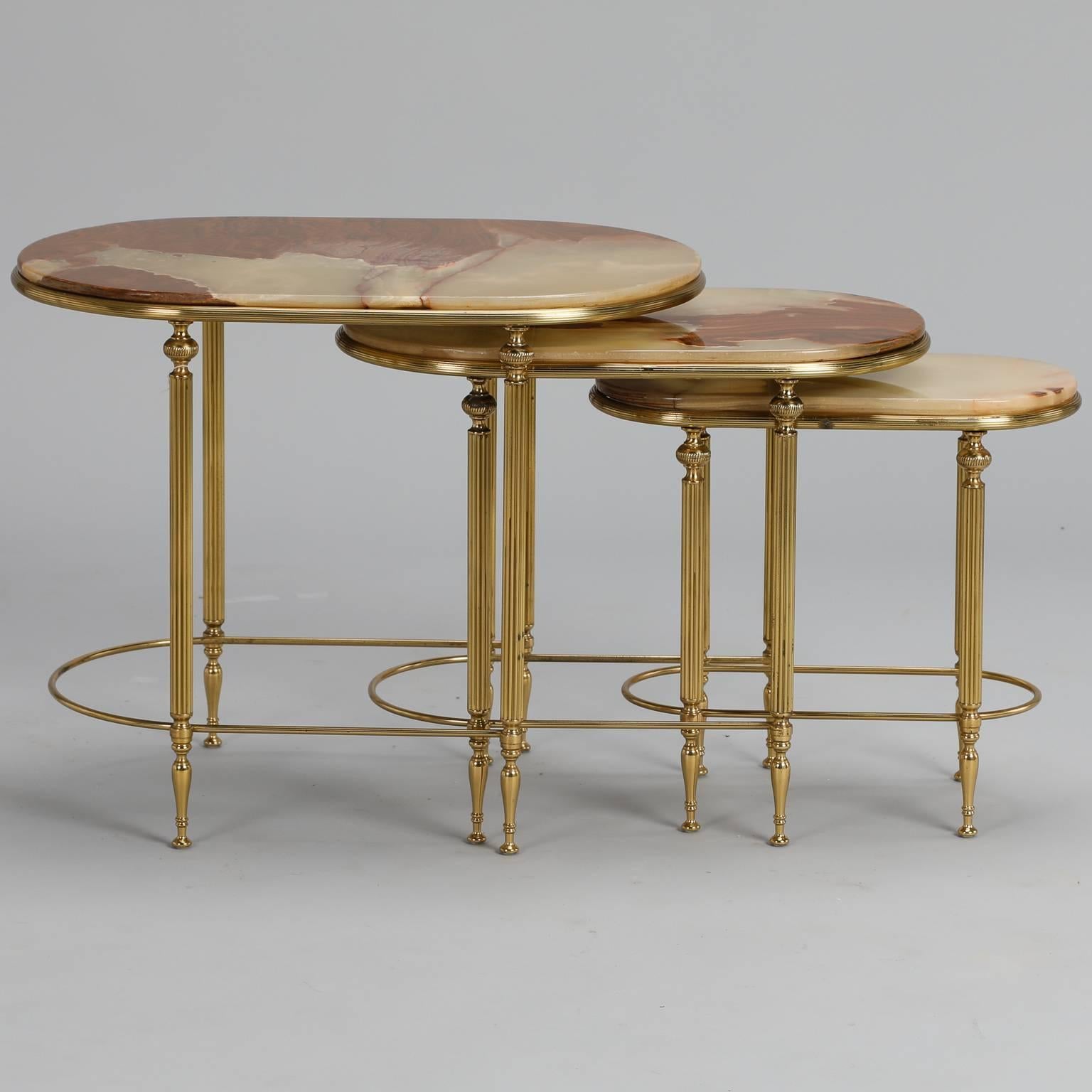 Neoclassical Trio of Stacking Onyx and Brass Tables