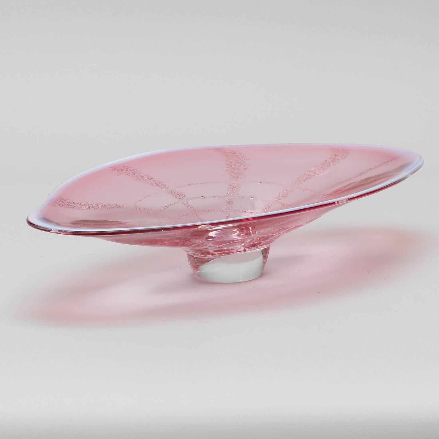 Rose and clear glass Sommerso style art glass bowl is just under 18” wide. Clear glass base with varying rose tones throughout. No maker’s mark noted bowl was found in Belgium, circa 1960s.