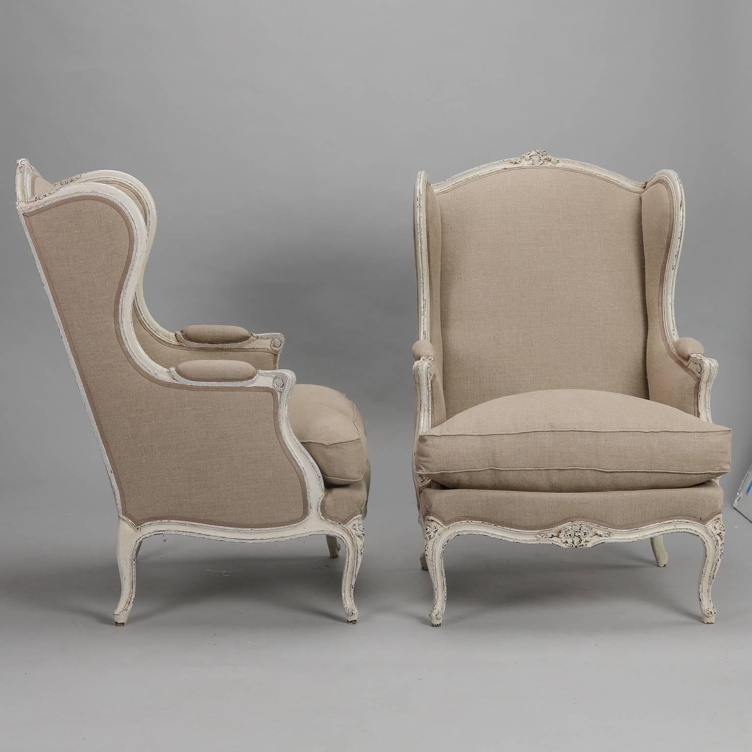 Upholstery Pair of Linen Covered High Back Bergeres