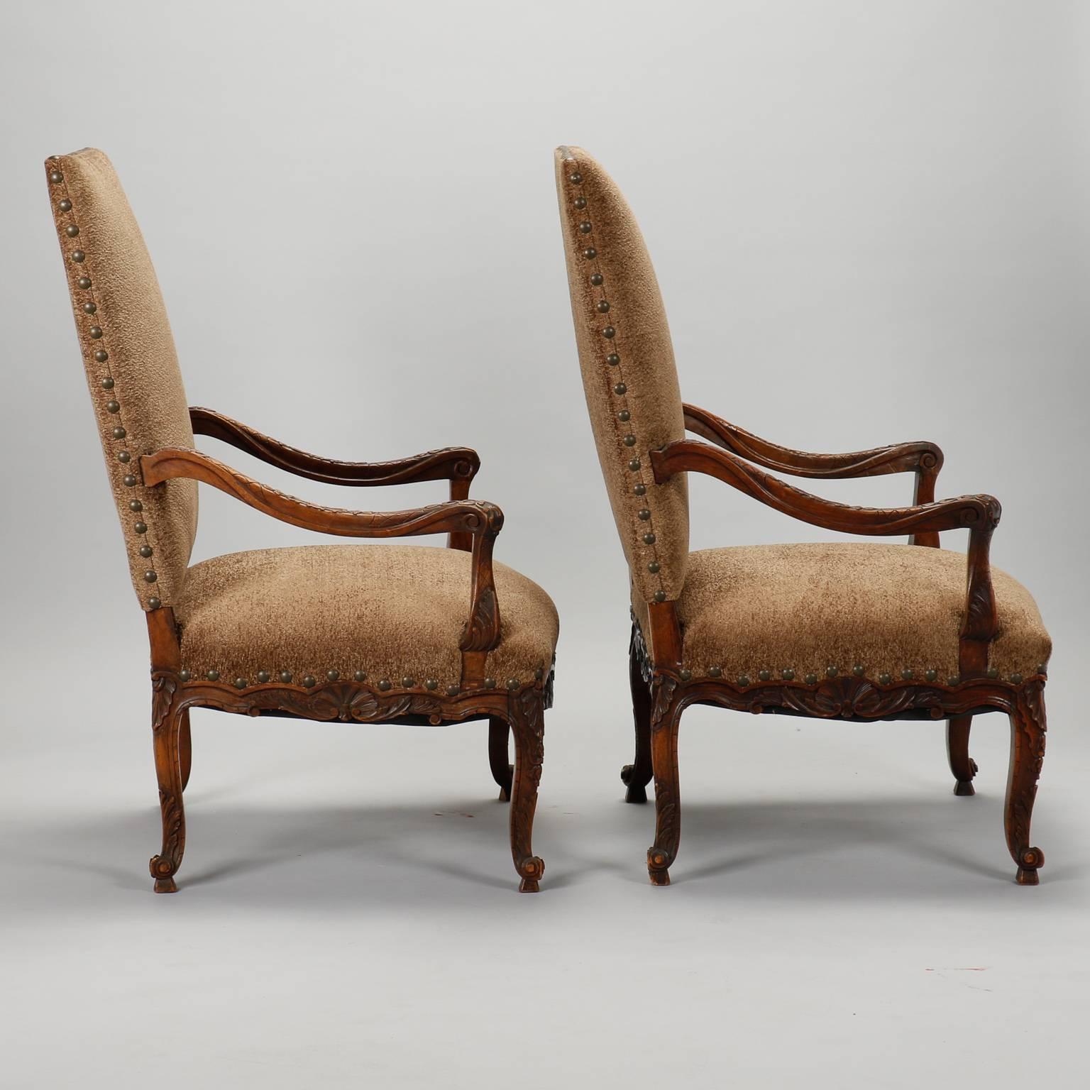 Pair of French Carved Frame High Back Armchairs In Good Condition In Troy, MI